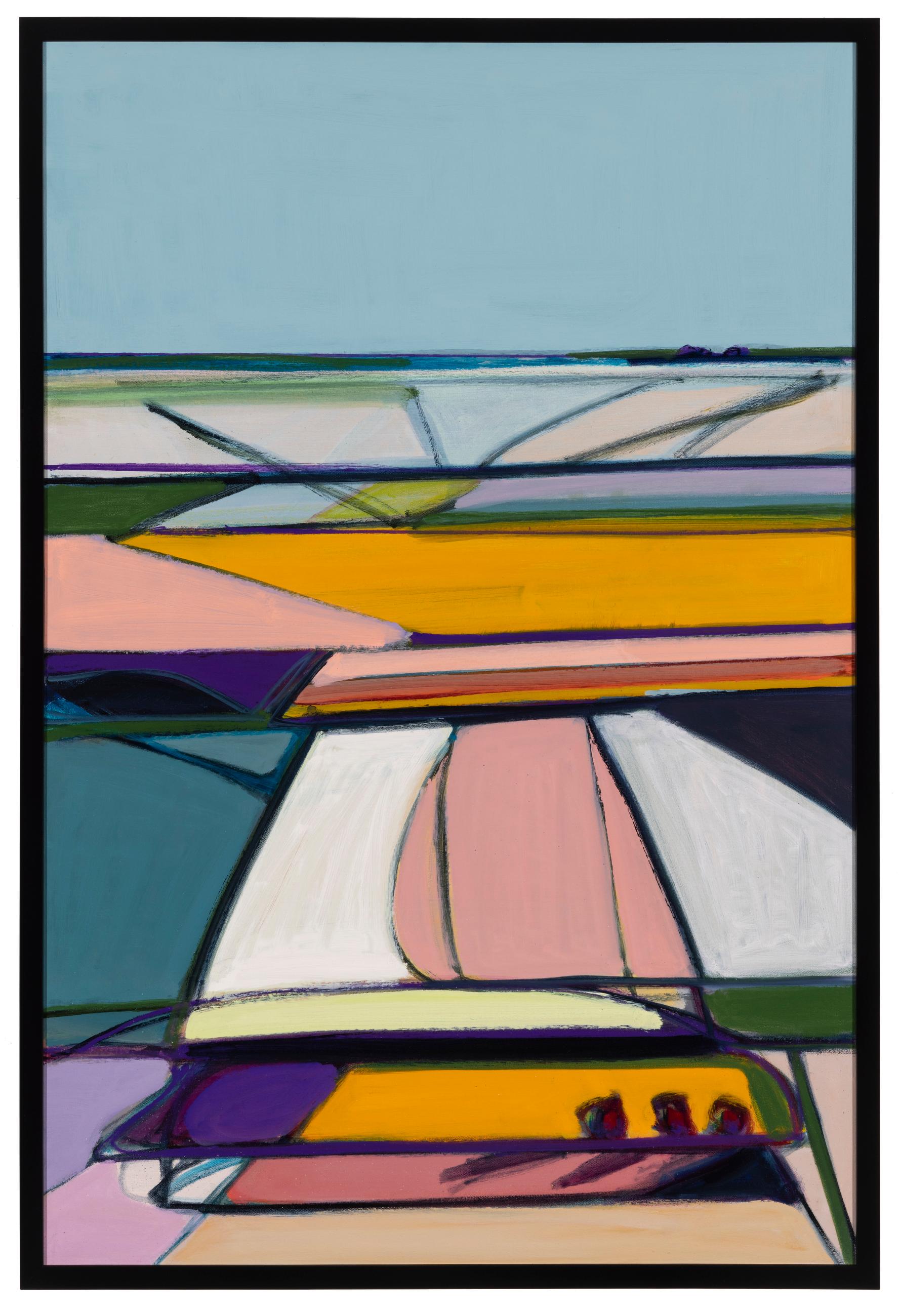 Karen Matheis Abstract Painting - "Sunny September Fields"- Landscape, mid century, green, blue, ochre, pink