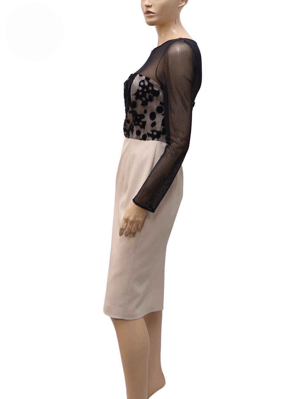 Karen Millen Black & Beige Fishnet Overlay Sheath Dress.

Material: 65% Acetate 31% Polyamide 4% Elastane 
Size: EU 40 / UK 12 / US 8
Bust: 93cm
Waist: 75cm
Hip: 101cm 
Condition: Excellent