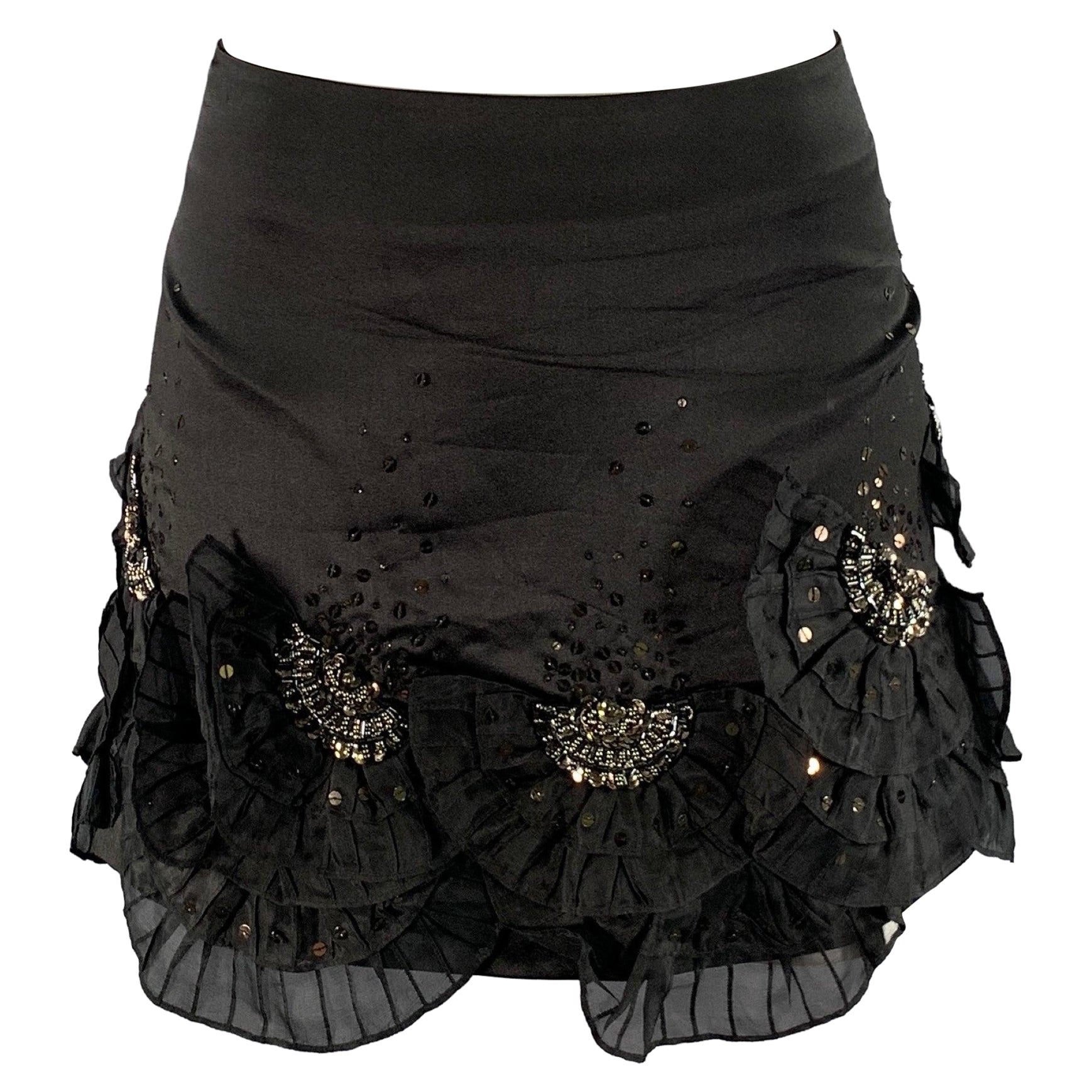 KAREN MILLEN Size 10 Black Silk Blend Ruffled Mini Skirt For Sale