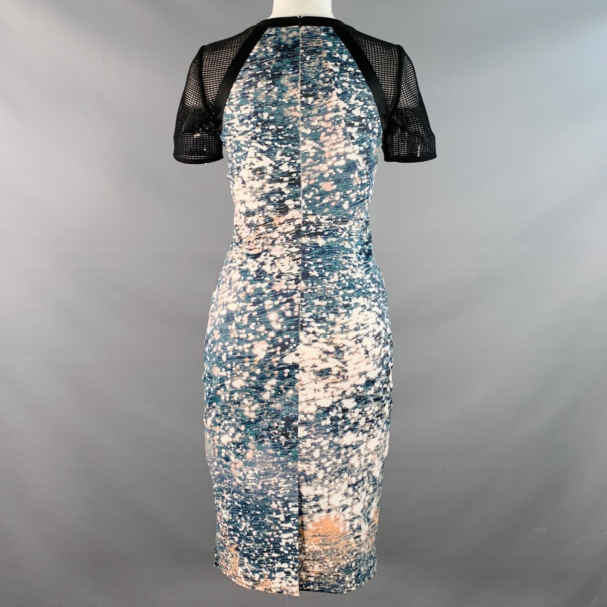 KAREN MILLEN Taglia 4 Nero Verde Bianco Acetato Miscela astratta Maniche a rete In condizioni ottime in vendita a San Francisco, CA