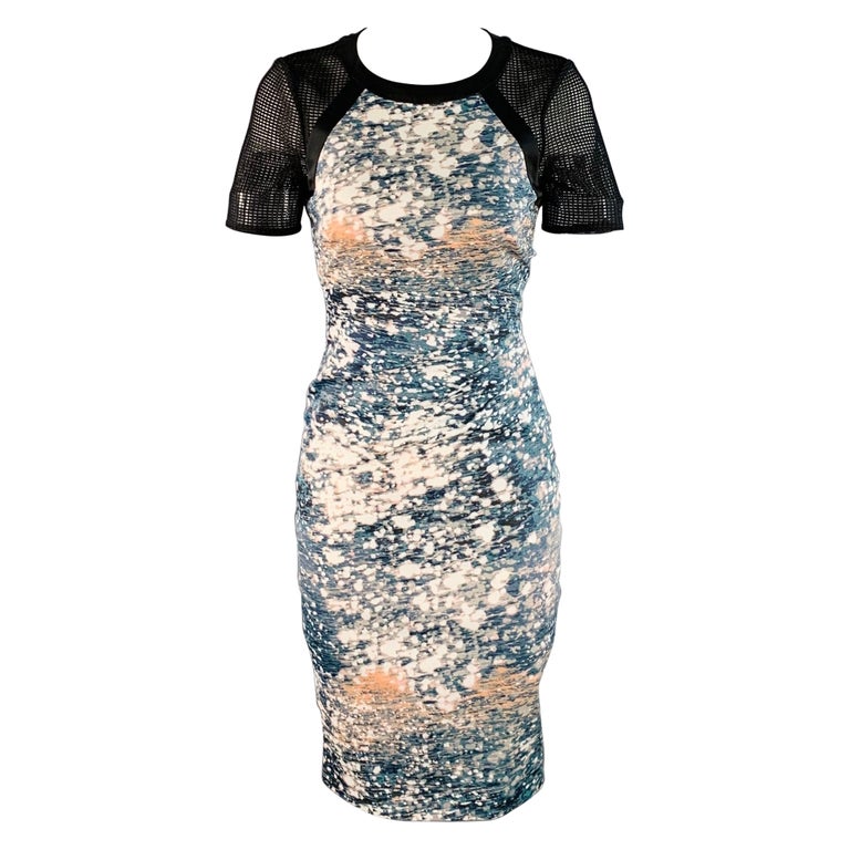 KAREN MILLEN Size 4 Black Green White Acetate Blend Abstract Mesh Sleeves Dress KAREN MILLEN Size 4 Black Green White Acetate Blend Abstract Mesh Sleeves Dress