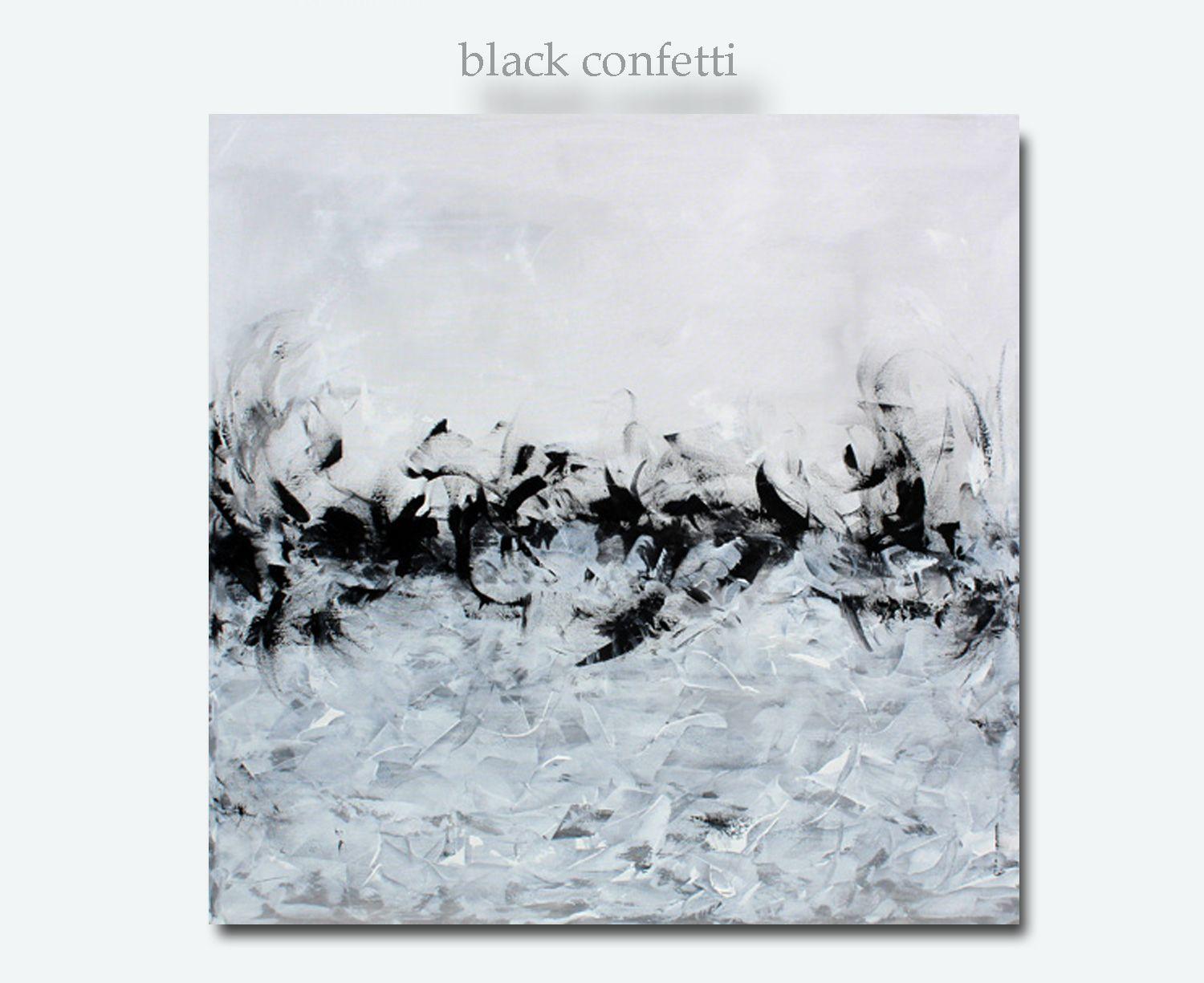 BLACK CONFETTI is a very large original abstract in black, white and grey. It has some light impasto texture, lots of movement. Acrylics on canvas. Due to its large size, this will be shipped ROLLED (unstretched).     NOTE: Size of the full face of