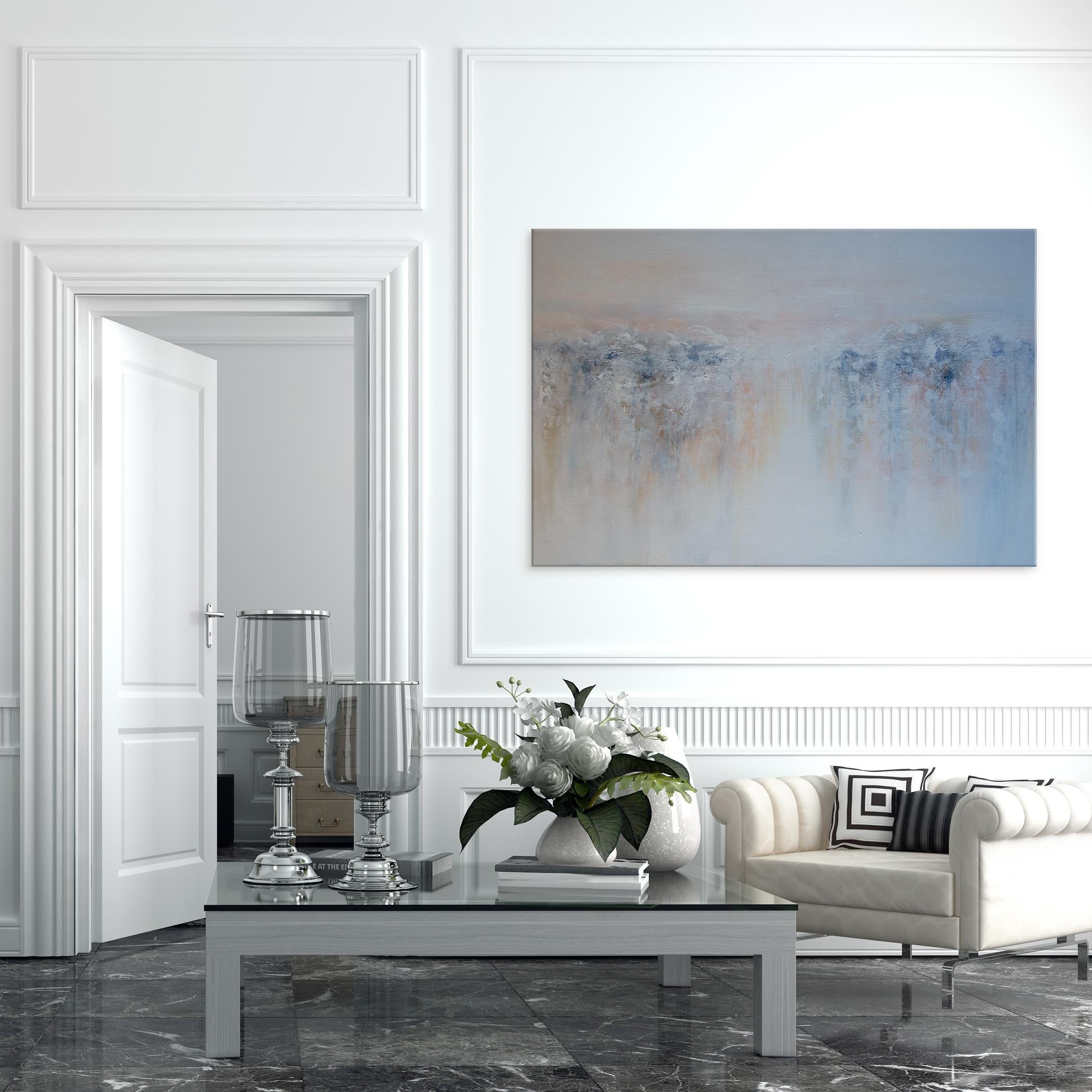 Enhance your space with this abstract expressionist painting, 'September' by Karen Moehr. An artist with a keen ability to create captivating works of art using minimal design elements. Known for bold brush strokes and soothing color palettes, her