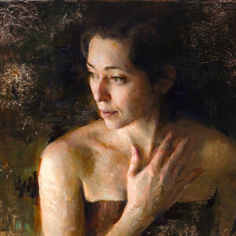Fading Oil Painting, Figurative style, Impressionism ,Women in the Arts, - Black Figurative Painting by Karen Offutt