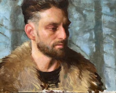Peinture à l'huile "Fire Starter" de Karen Offut, portrait masculin