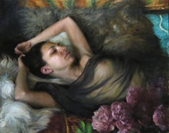 "Languishing, " Oil Painting, Reclining Female Nude