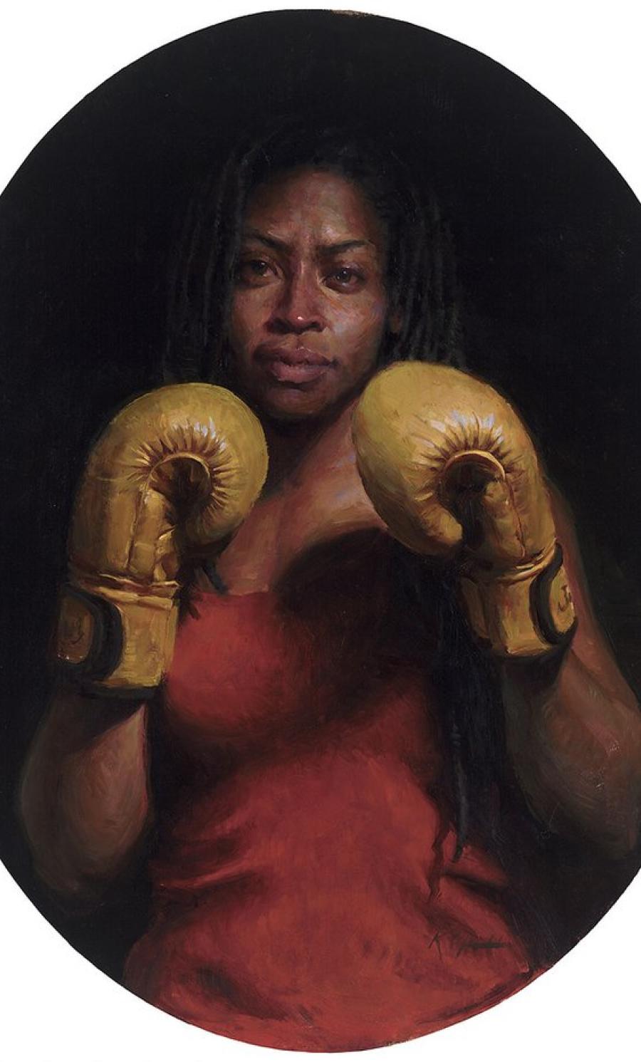 Queen Boxing Sports  Oil Painting  Female Figurative Texas Artist  Boxing Glove - Black Portrait Painting by Karen Offutt