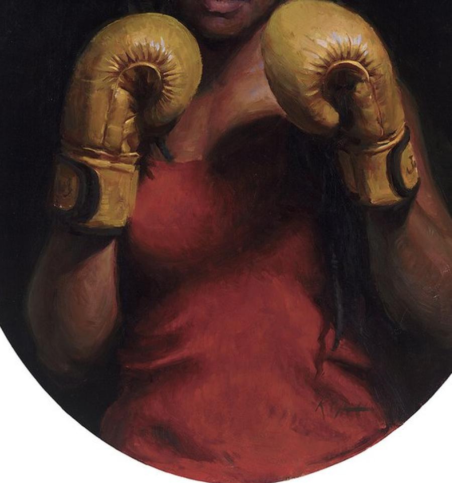 Queen Boxing Sports  Oil Painting  Female Figurative Texas Artist  Boxing Glove For Sale 1