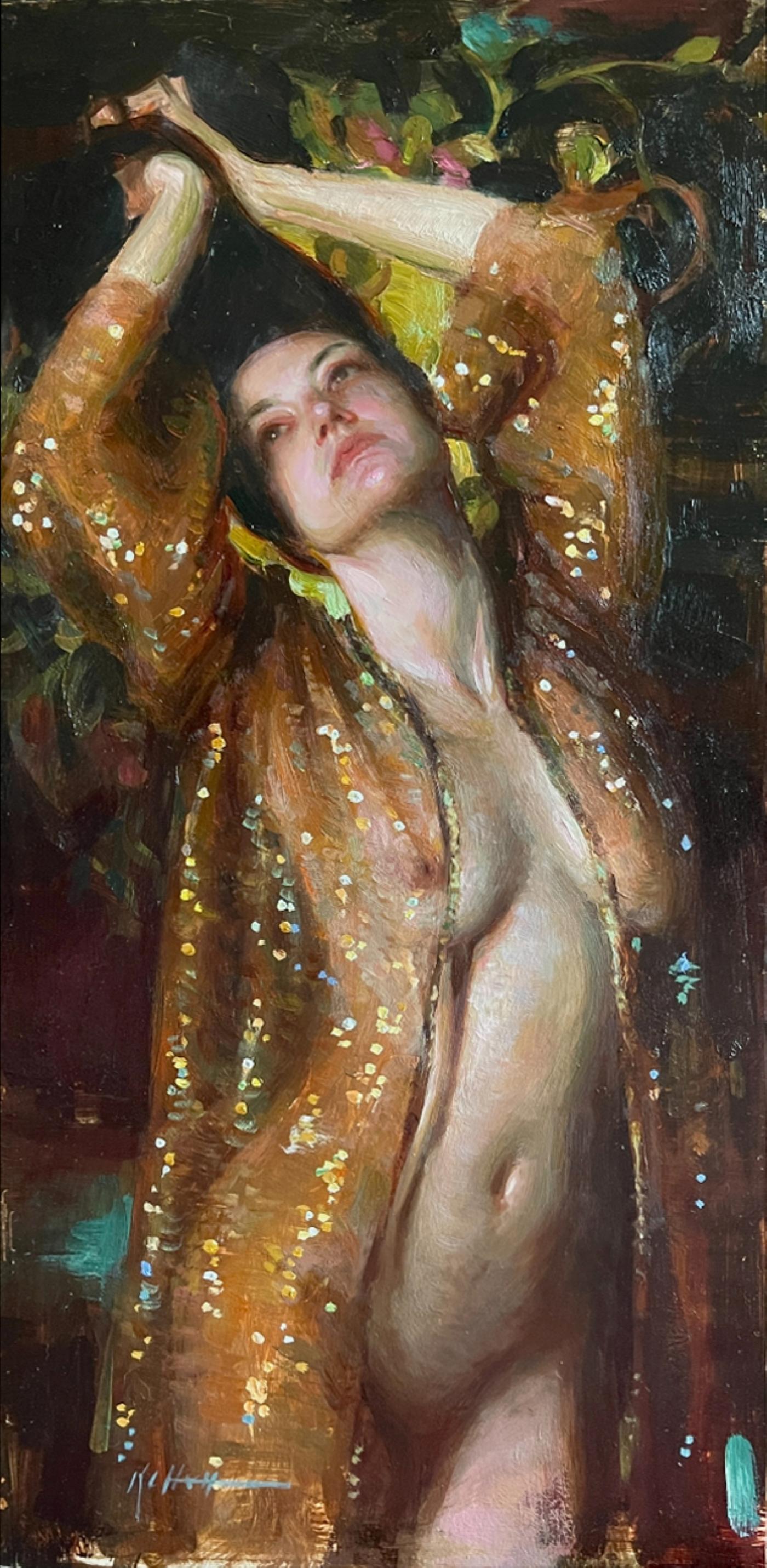 "Glimmer" (2024) Pittura a olio di Karen Offutt, ritratto femminile nudo