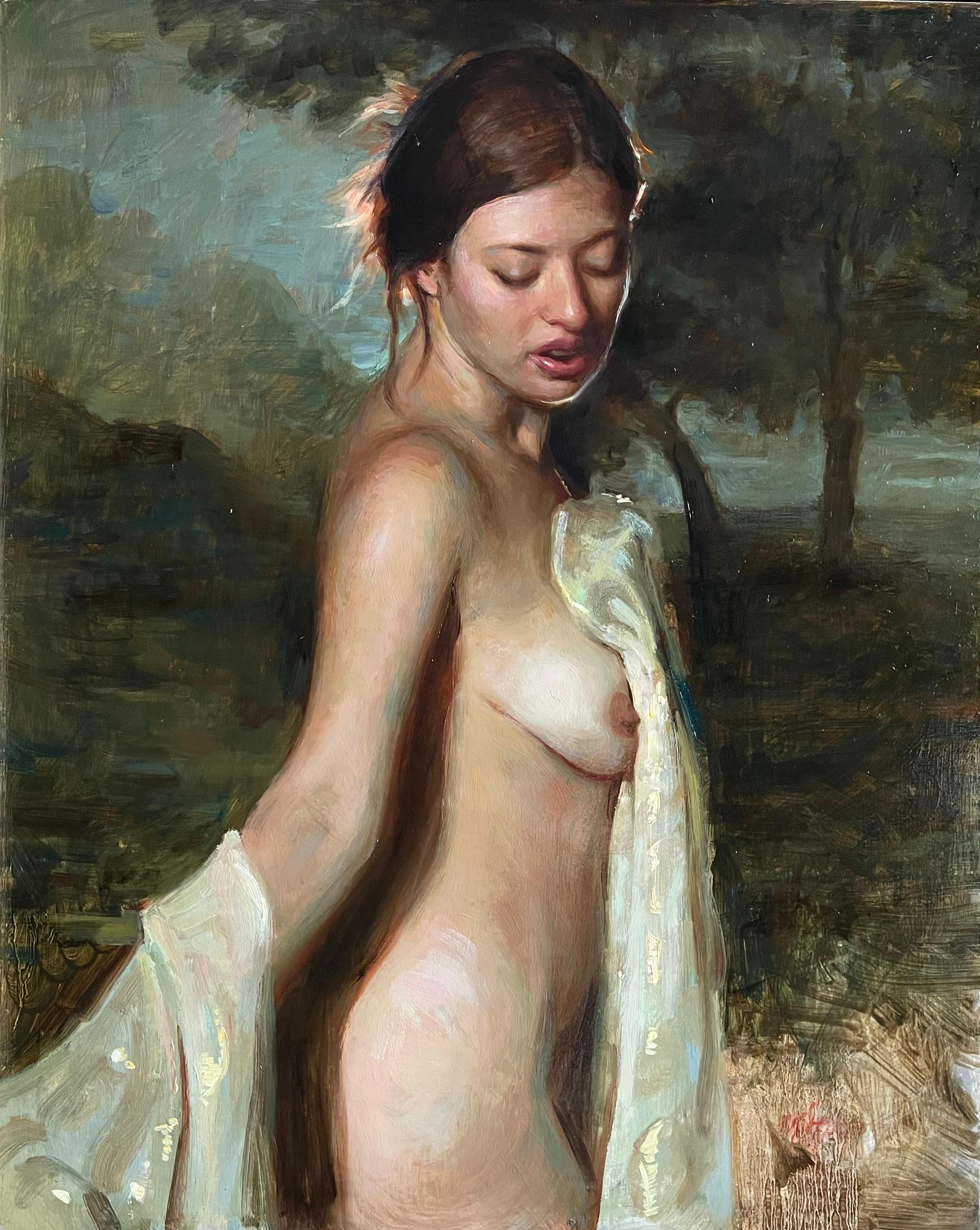 Karen Offutt's (US based) "The Bather" is an original, handmade oil painting that depicts a nude female in a landscape, bathed in light, with a towel draped around her. The painting is framed, with overall dimensions of 23 x 19 inches,

Karen Offutt
