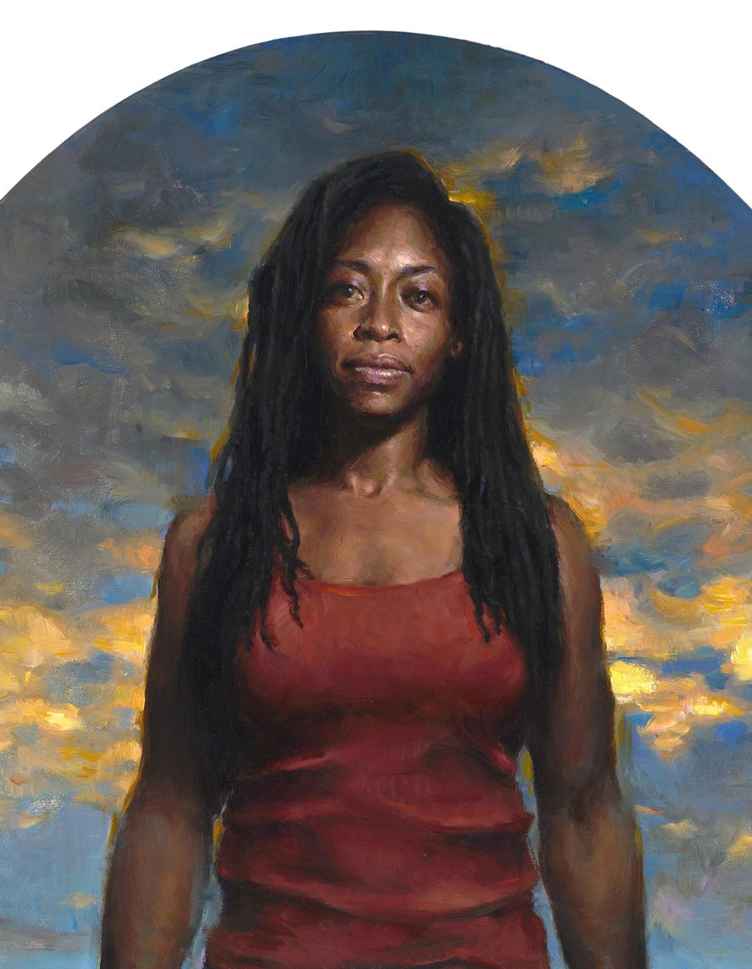 La forza interiore, Pittura a olio , Figurativa , Artista texano, Boxe, Austin - Portrait Painting Nero di Karen Offutt