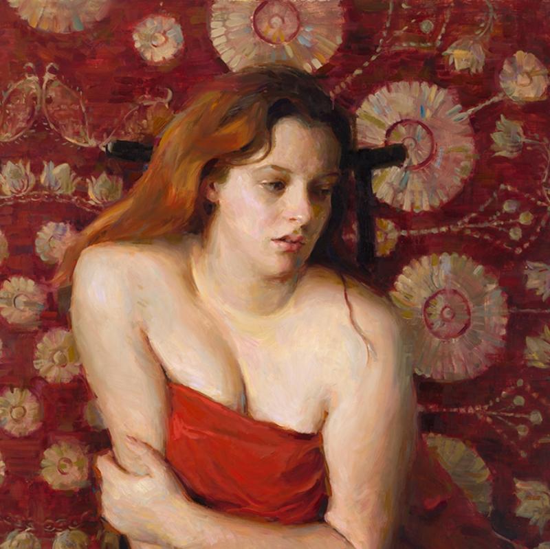 Gewickelt in Rot, Ölgemälde , figürlicher Stil, texanischer Künstler, Austin, Texas  – Painting von Karen Offutt