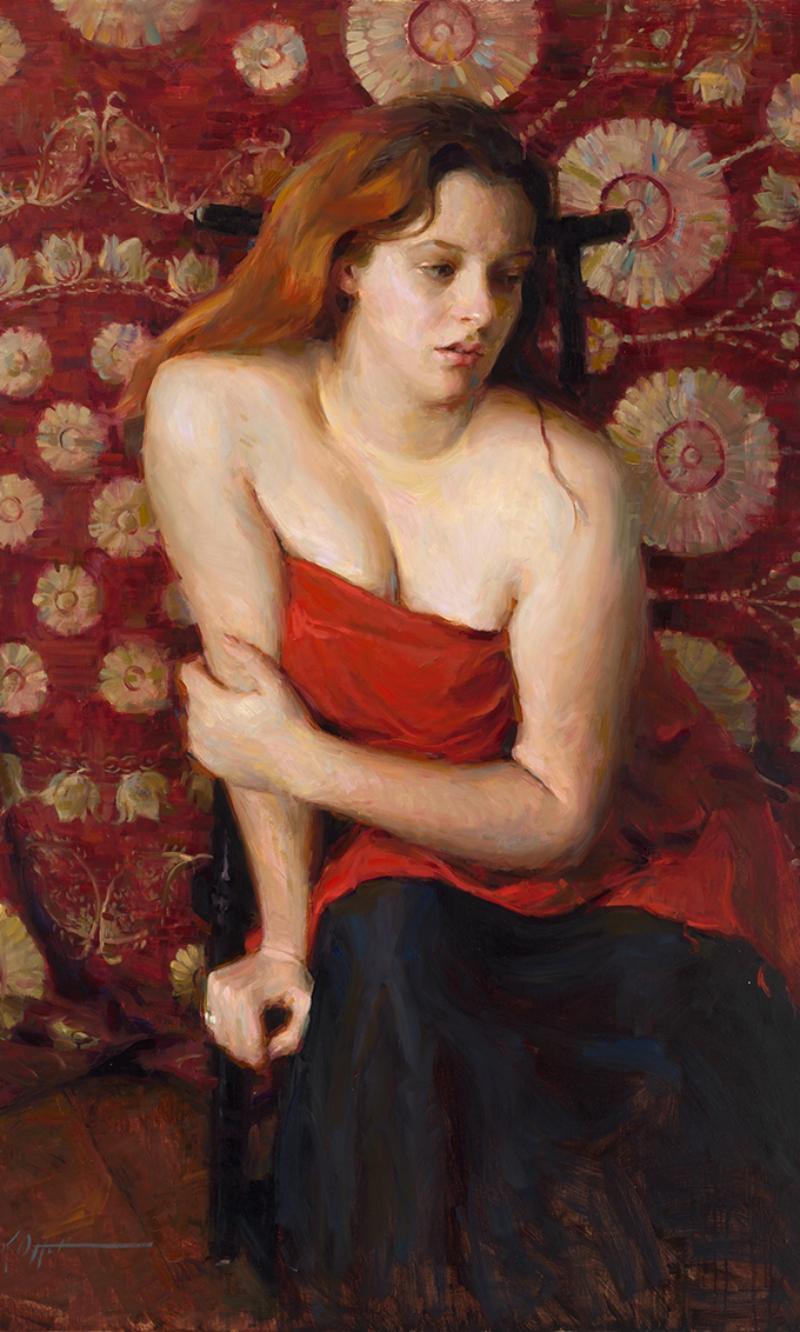 Envuelto en rojo, Pintura al óleo , Estilo figurativo, Artista tejano, Austin Texas - Painting Impresionista de Karen Offutt