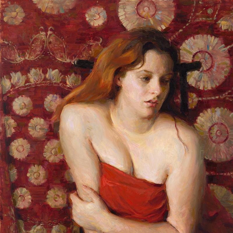 Avvolto nel rosso, Pittura a olio, Stile figurativo, Artista texano, Austin Texas - Figurative Painting Marrone di Karen Offutt