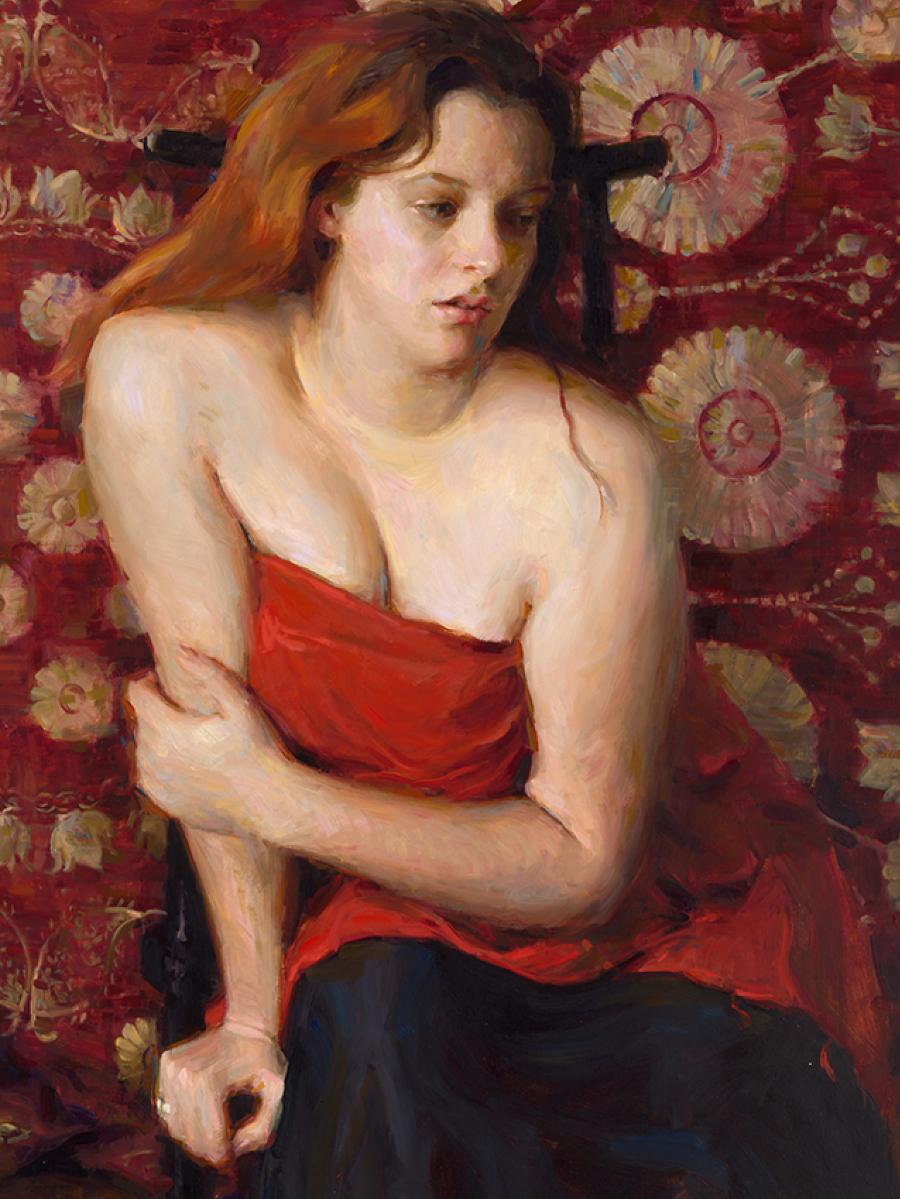 Envuelto en rojo, Pintura al óleo , Estilo figurativo, Artista tejano, Austin Texas en venta 3