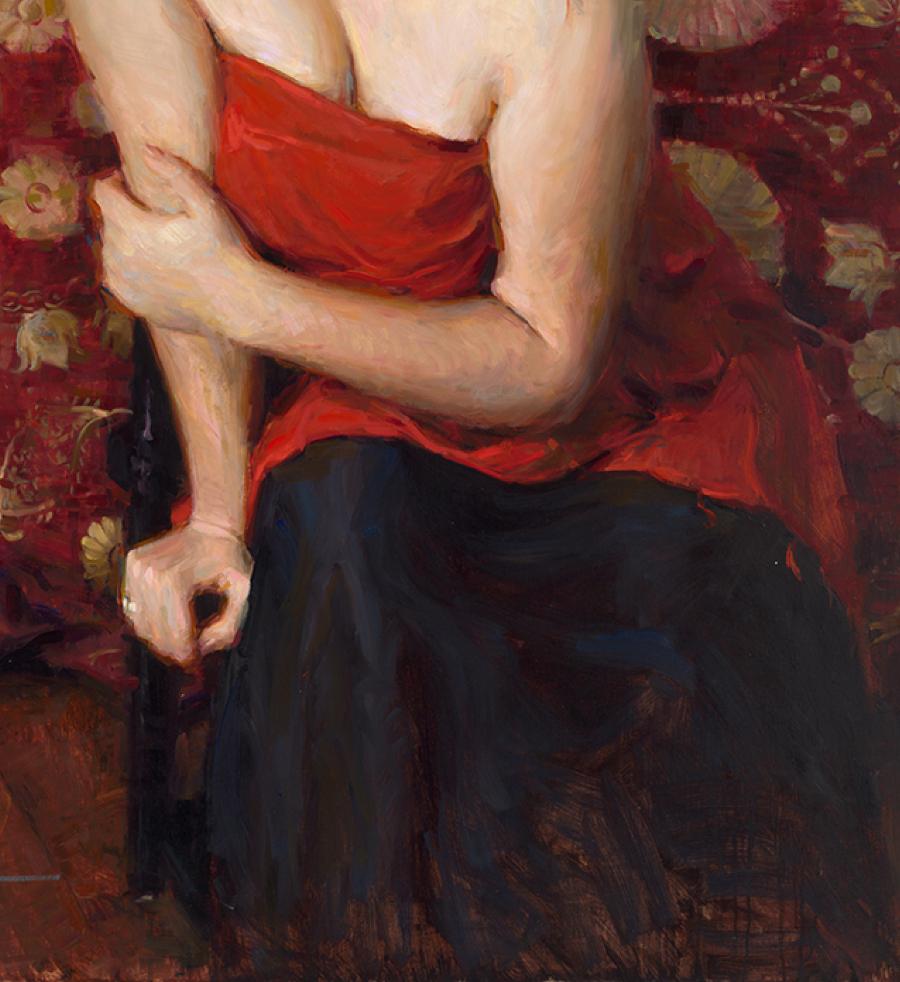 Envuelto en rojo, Pintura al óleo , Estilo figurativo, Artista tejano, Austin Texas en venta 4