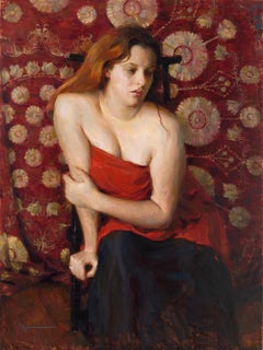 Wrapped in Red, Oil Painting , Figurative Style, Texas Artist, Austin Texas