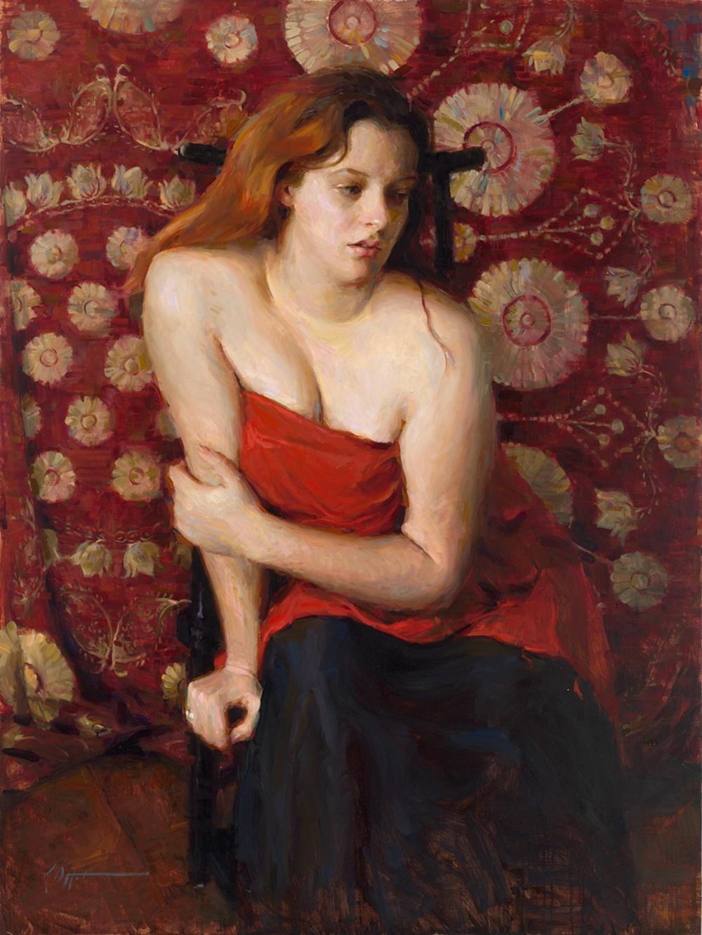 Wrapped in Red, Oil Painting , Figurative Style, Texas Artist, Austin Texas 