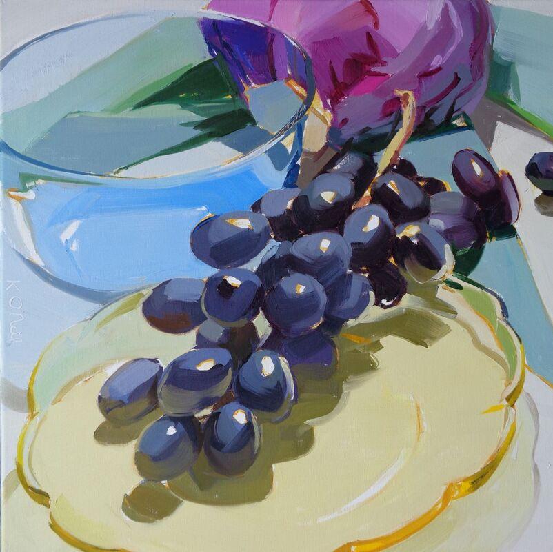 Karen O'Neil Still-Life Painting - Kitchen Still Life Series #18/ Black grapes