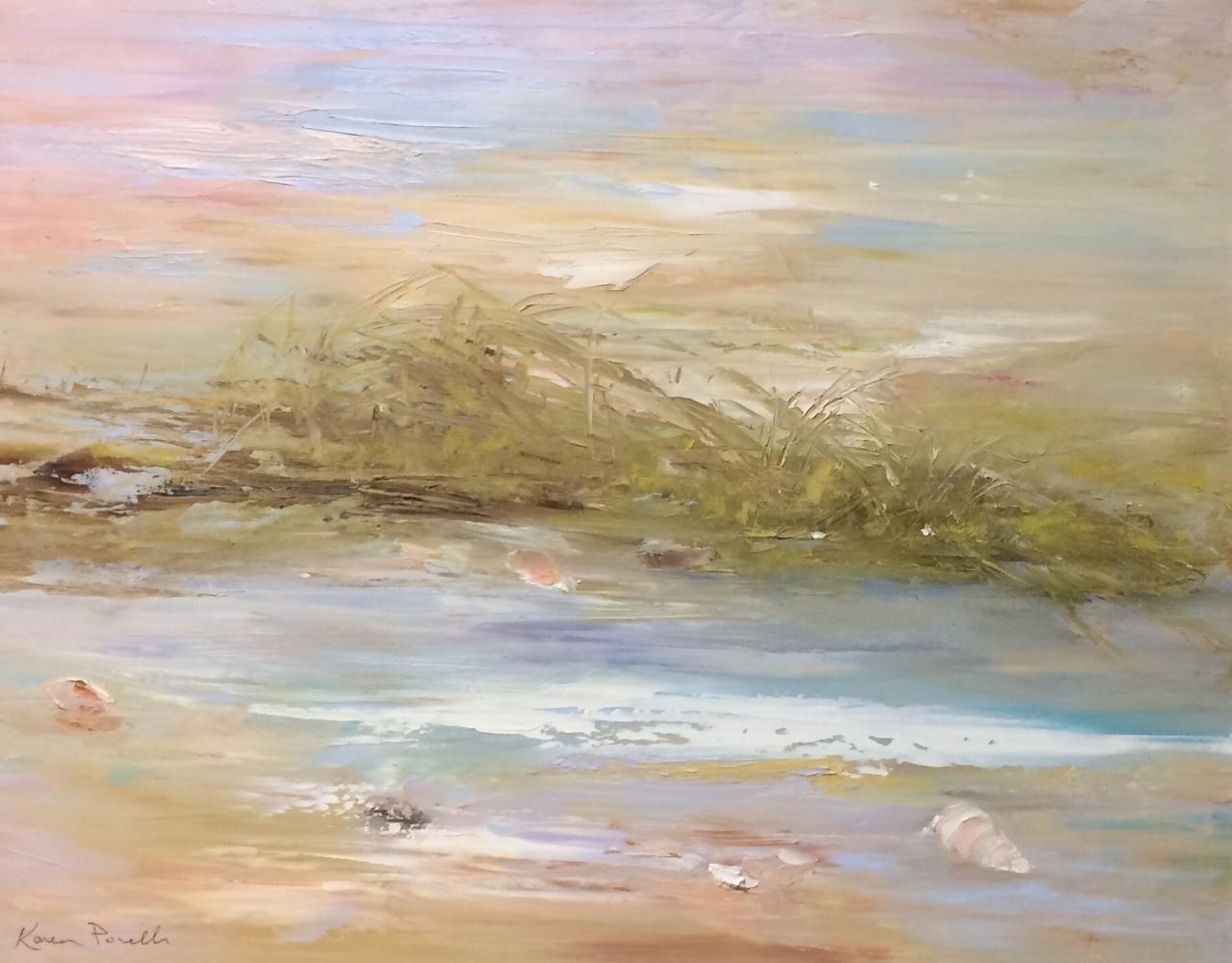 Sun Washed Seashells, original 24x30 abstract expressionist marine landscape - Abstract Expressionist Painting by Karen Ponelli