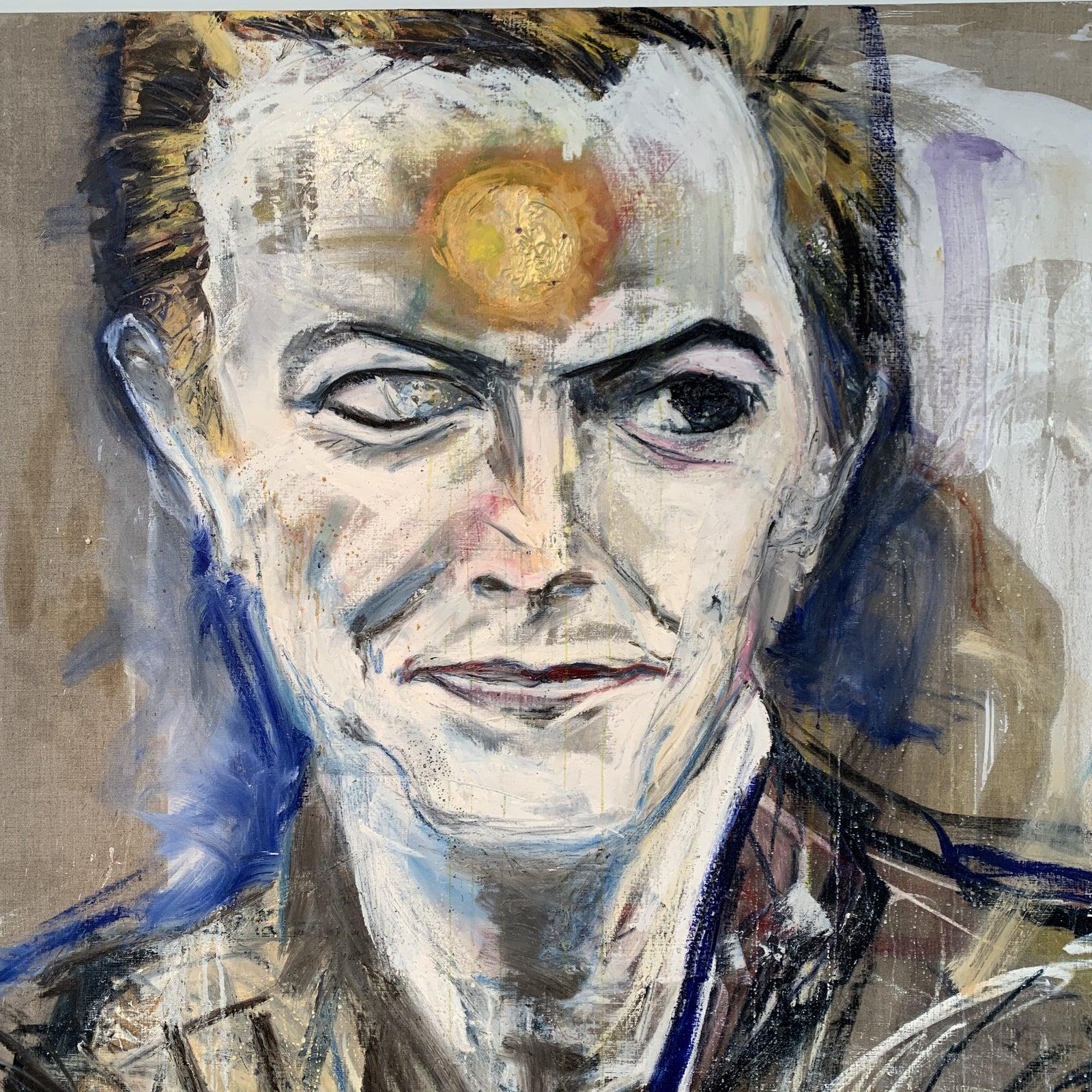 David Bowie sur lin  - Contemporain Mixed Media Art par Karen Schwartz