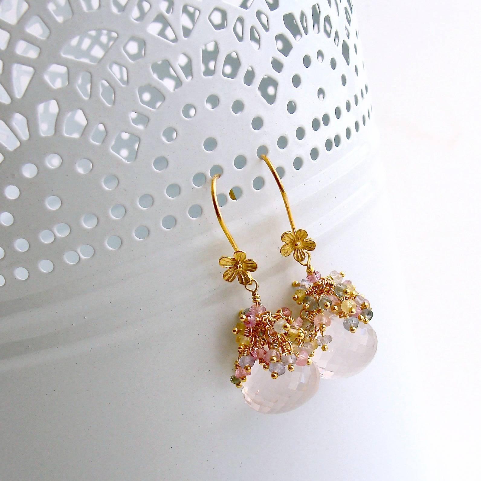 Juliet II Earrings.

Softly colored rose quartz faceted “kisses” have been topped with a cascade of delicate pastel sapphire tendrils creating a pair of romantic fairy tale earrings.  The gold vermeil earrings have been paired with an ear wire