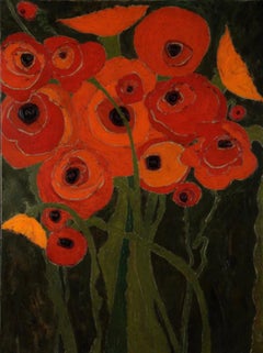 "Wild Poppies" Abstract oil painting of a bouquet of red and orange poppies