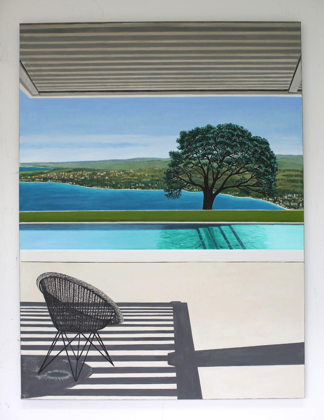 Hillside View, Interior art, Contemporary, Swimming pool  - Painting by Karen Lynn