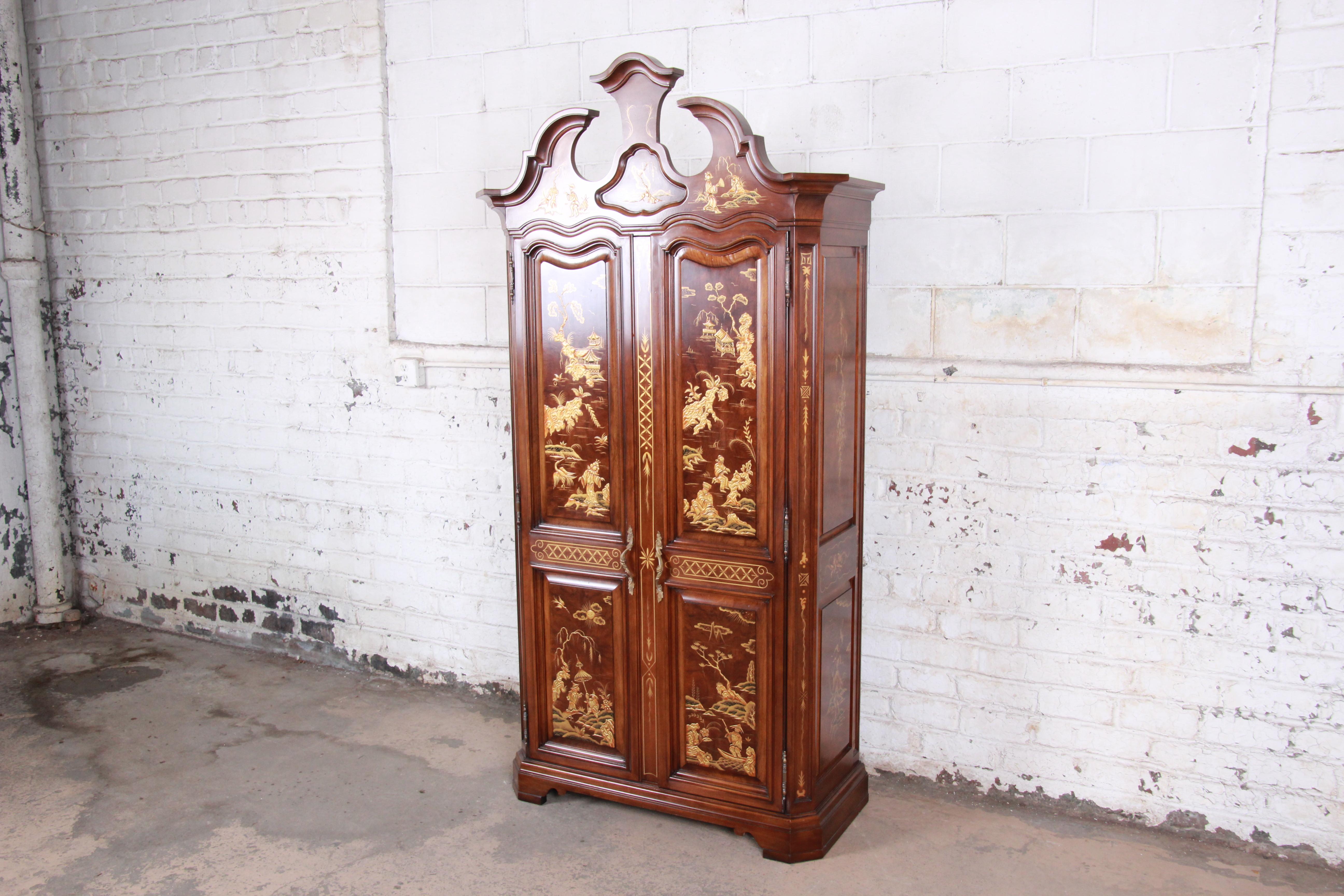A rare and exceptional Hollywood Regency Chinoiserie armoire dresser

Made by Karges Furniture

USA, circa 1980s

Burlwood + cherry + figurative Asian scenes

Measures: 44.75