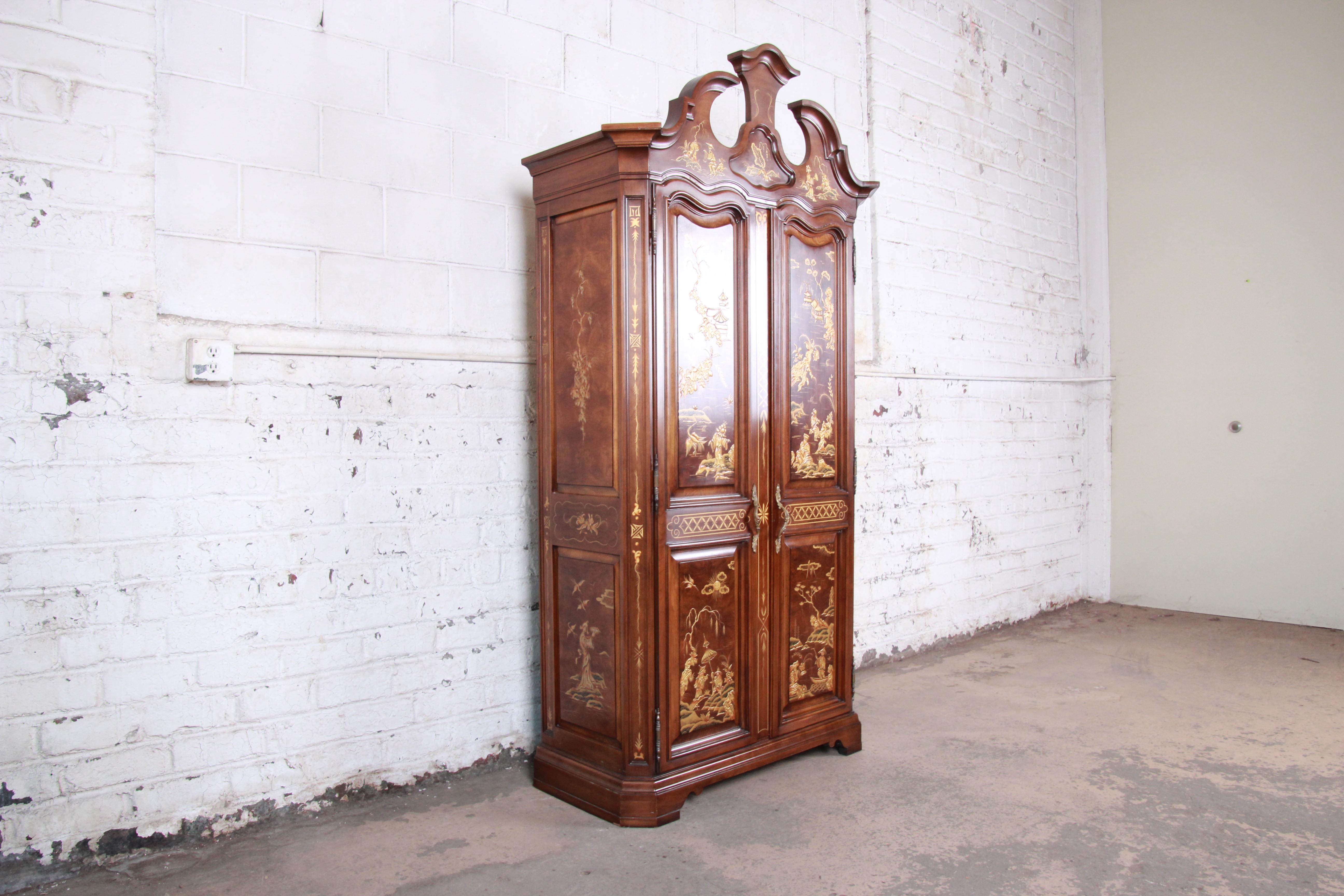 American Karges Burl and Cherrywood Hollywood Regency Chinoiserie Armoire Dresser