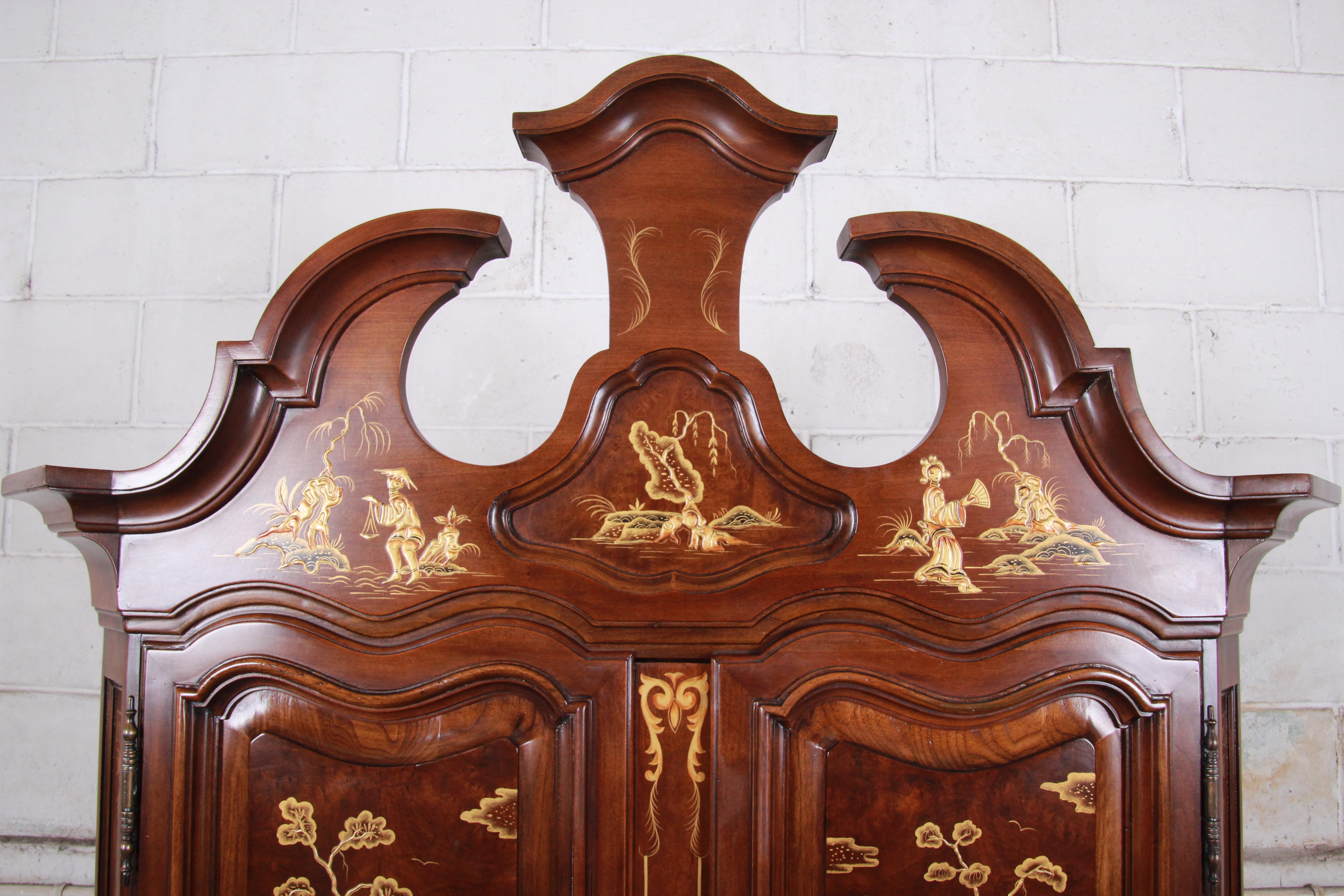 Karges Burl and Cherrywood Hollywood Regency Chinoiserie Armoire Dresser In Good Condition In South Bend, IN