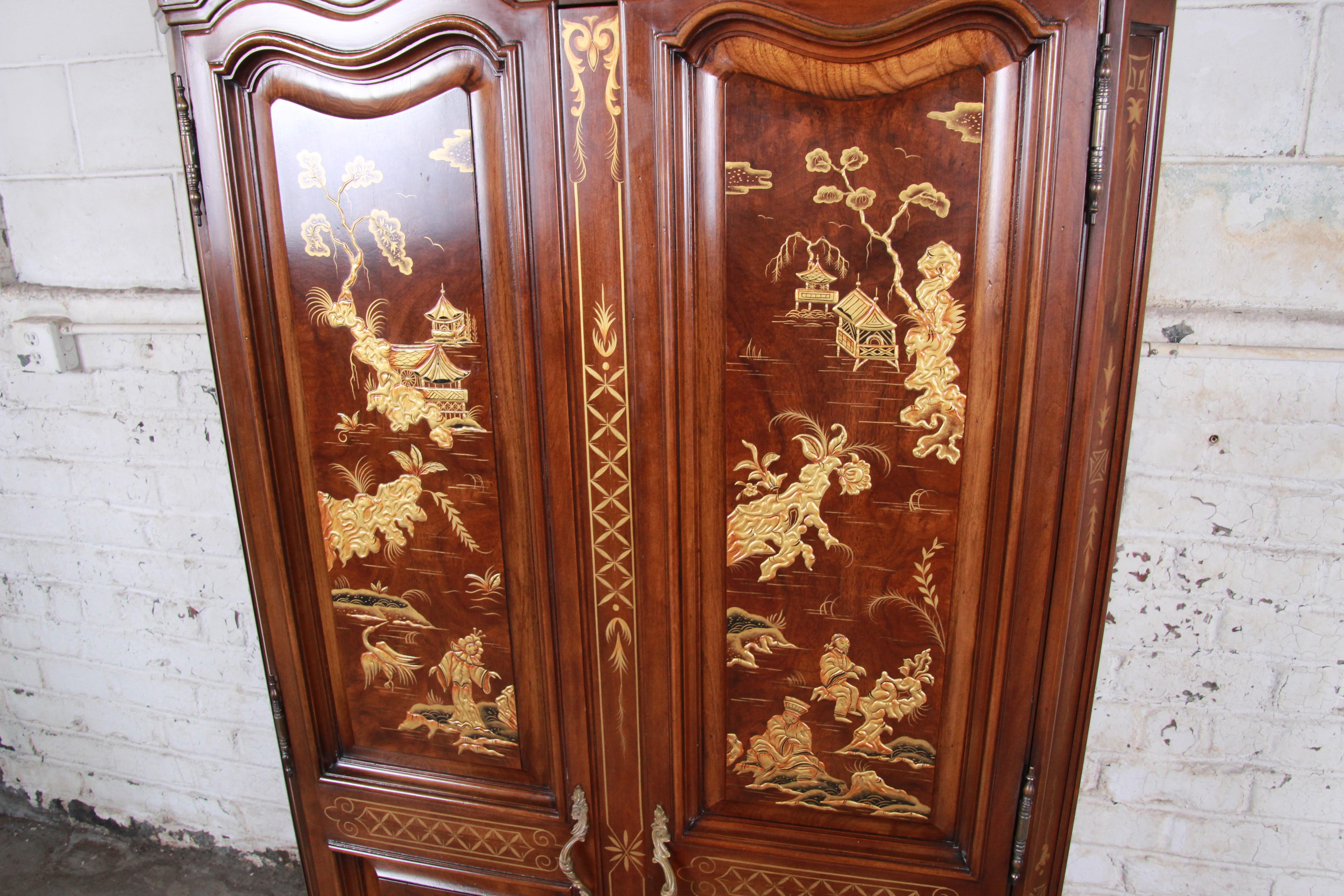 20th Century Karges Burl and Cherrywood Hollywood Regency Chinoiserie Armoire Dresser