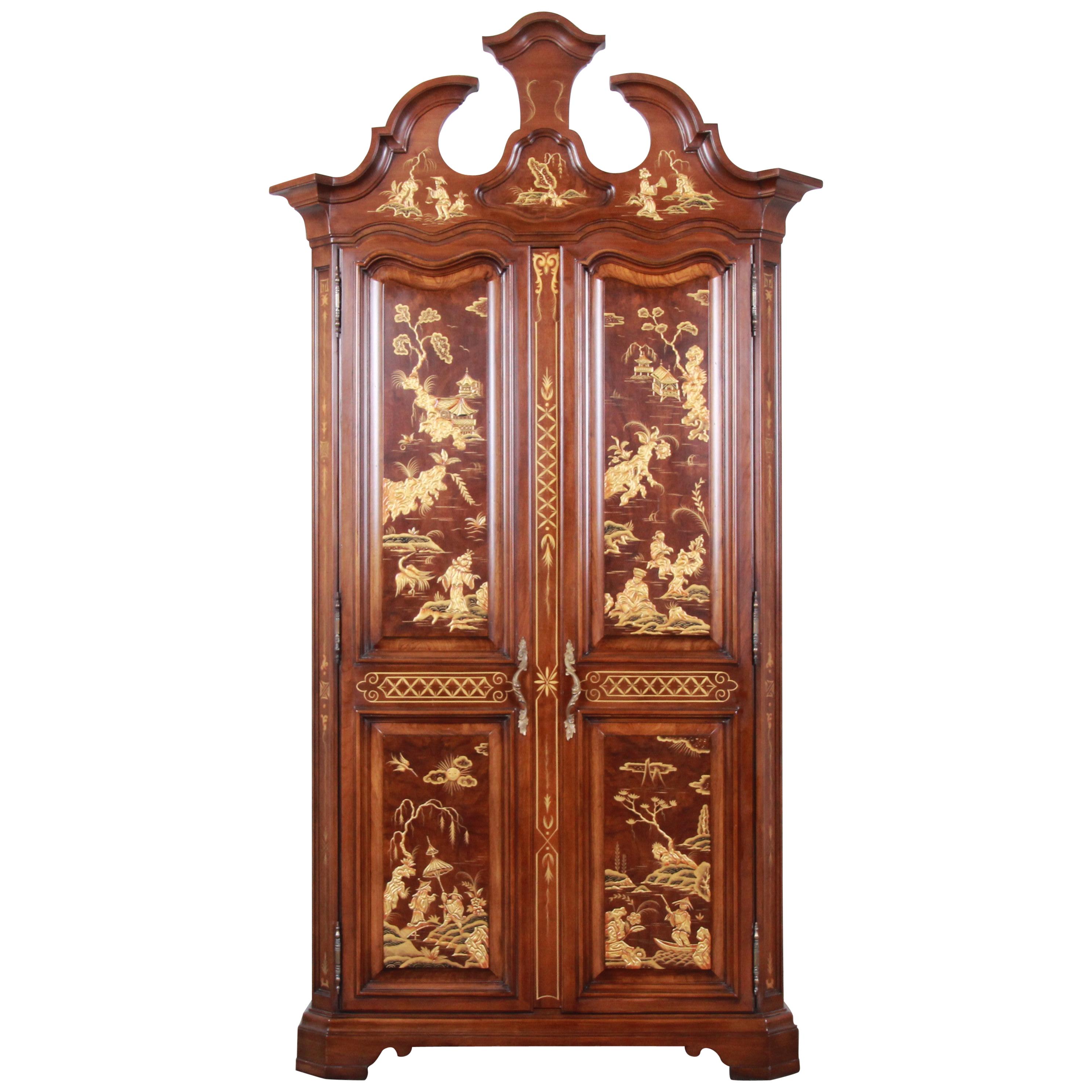 Karges Burl and Cherrywood Hollywood Regency Chinoiserie Armoire Dresser
