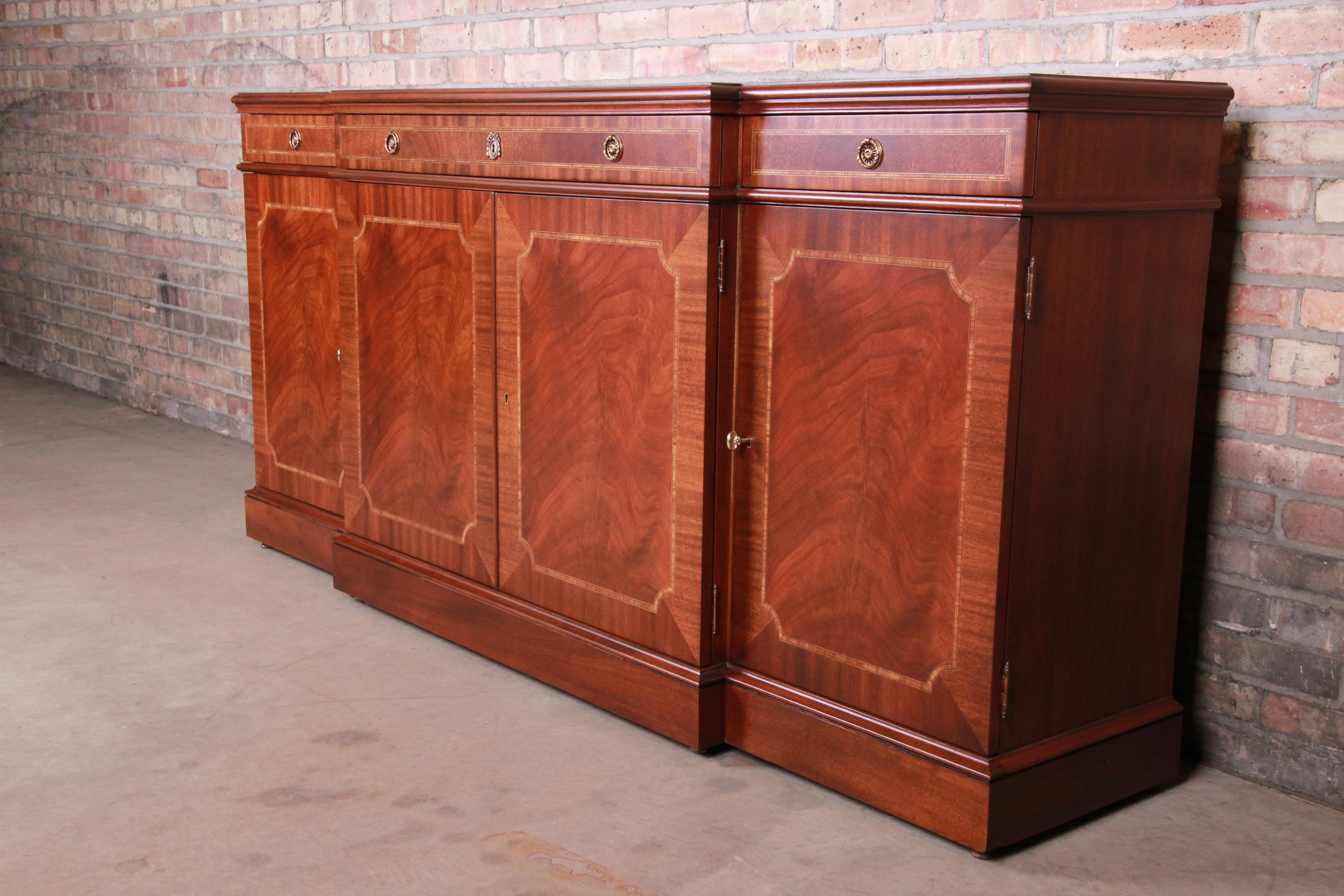 American Karges Chippendale Inlaid Mahogany Sideboard Credenza or Bar Cabinet, Restored