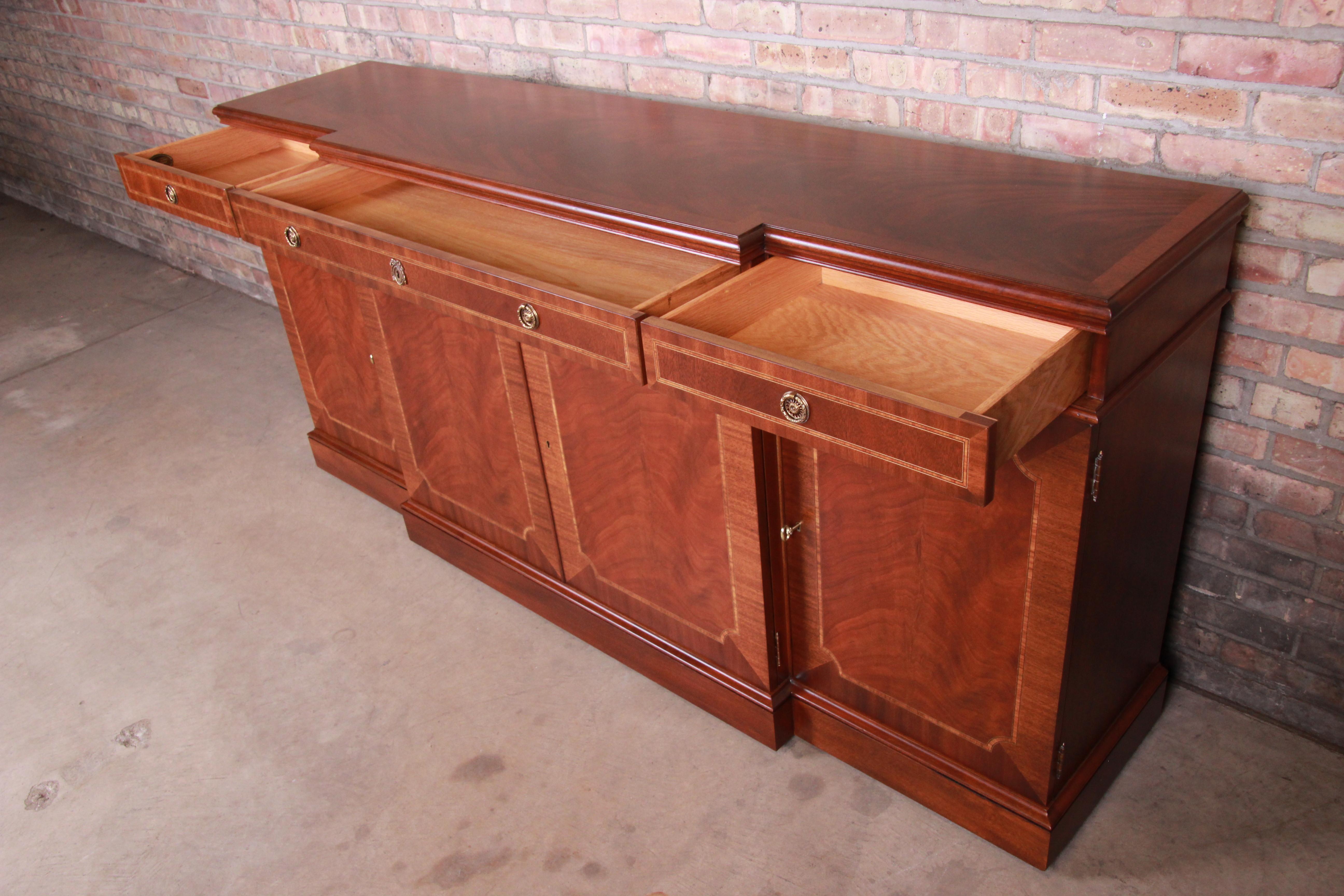 Brass Karges Chippendale Inlaid Mahogany Sideboard Credenza or Bar Cabinet, Restored