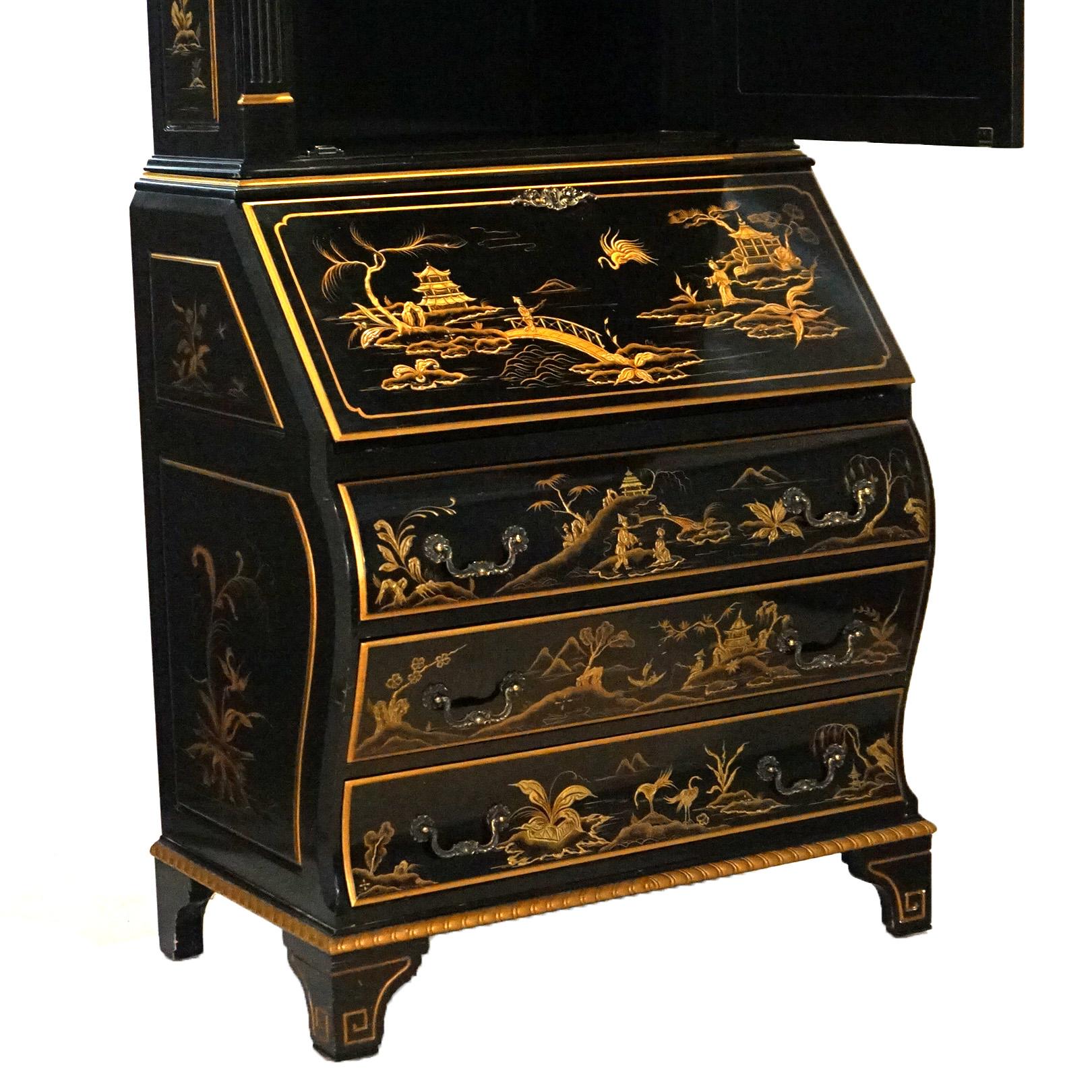 Karges Ebonized, Gilt & Chinoiserie Decorated Secretary Desk 20th Century For Sale 8
