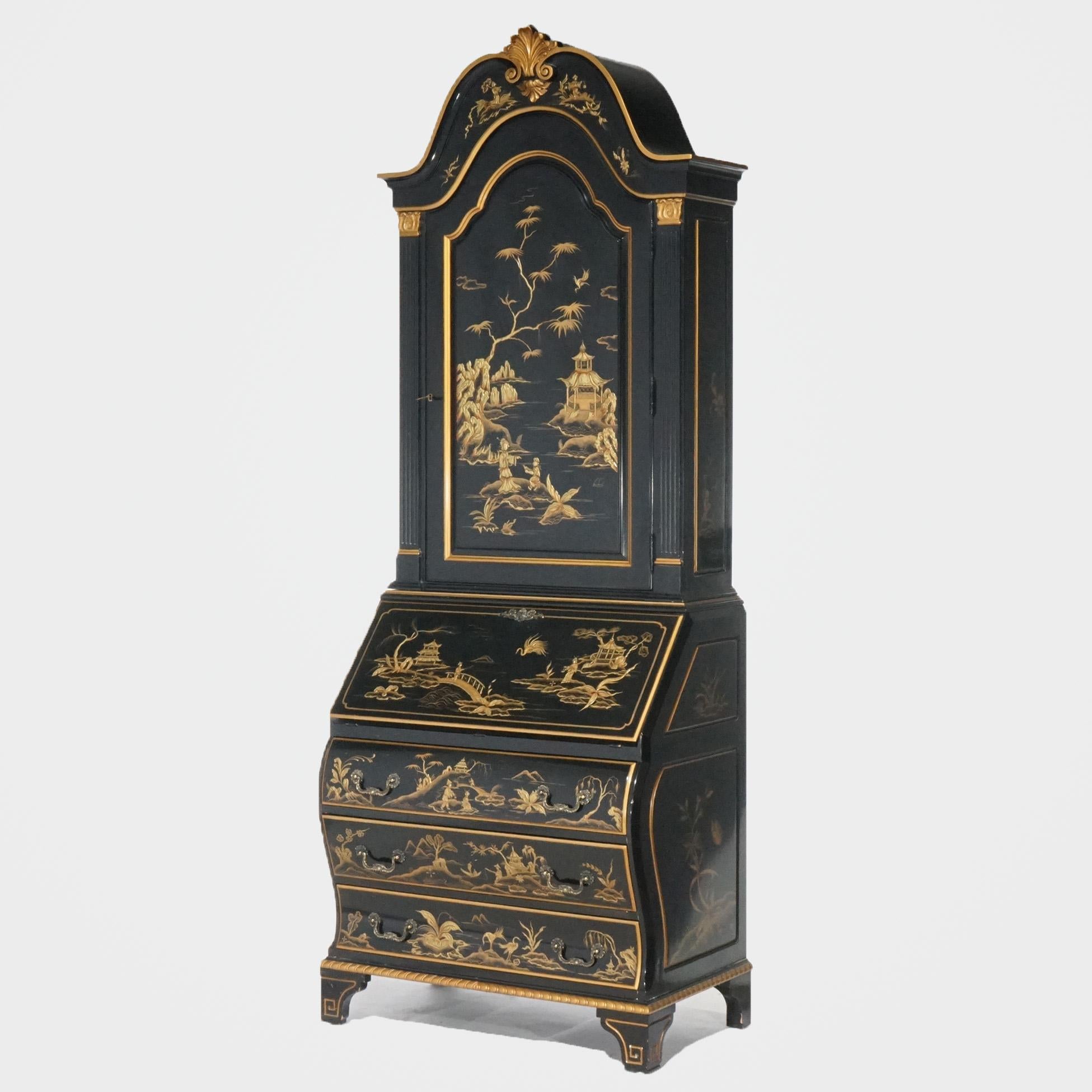 A tall secretary by Karges offers ebonized wood construction with upper having carved shell form crest over single door case having internal bookcase; lower drop front desk surmounts three long drawers; gilt Chinoiserie decoration throughout; maker
