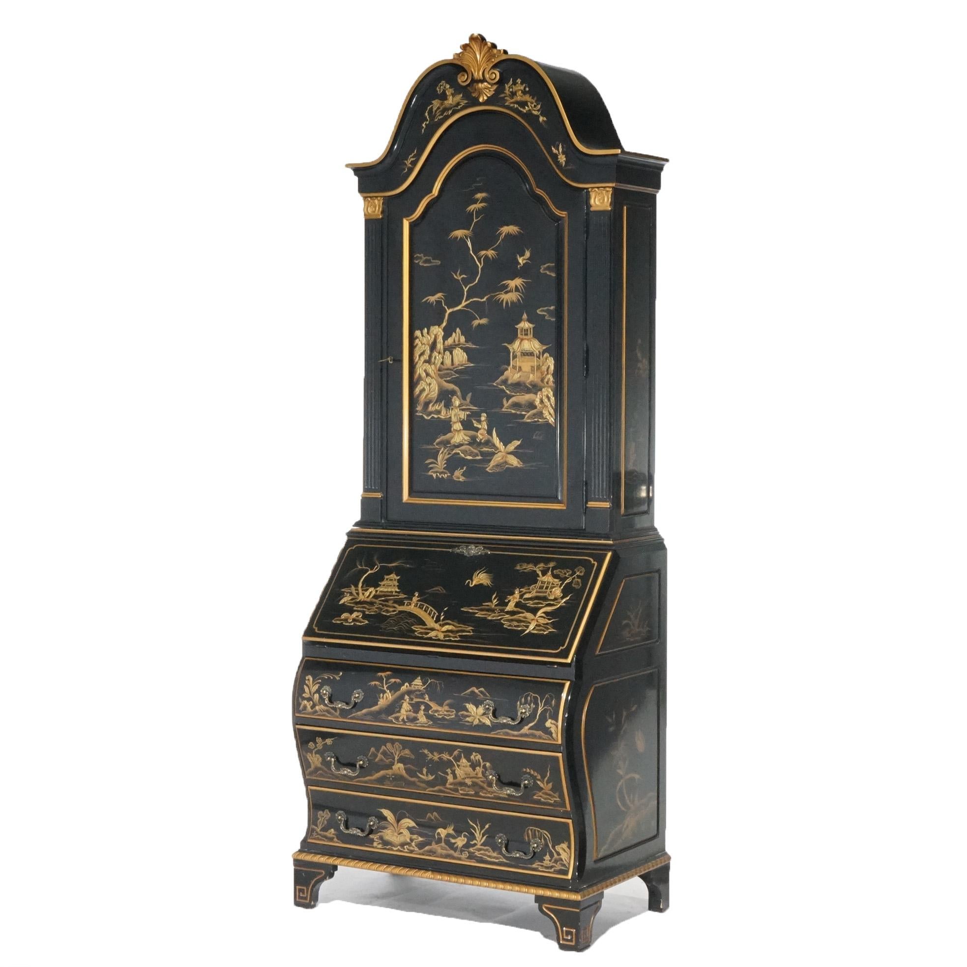 Wood Karges Ebonized, Gilt & Chinoiserie Decorated Secretary Desk 20th Century For Sale
