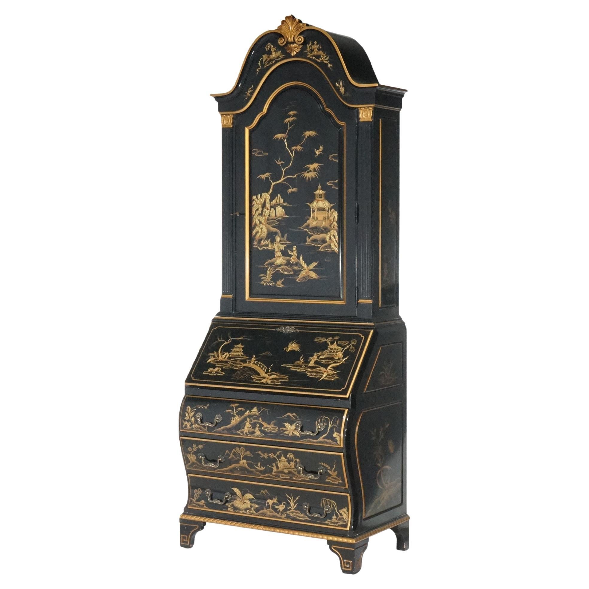 Karges-Sekretär-Schreibtisch, ebonisiert, vergoldet und mit Chinoiserie-Dekor, 20. Jahrhundert
