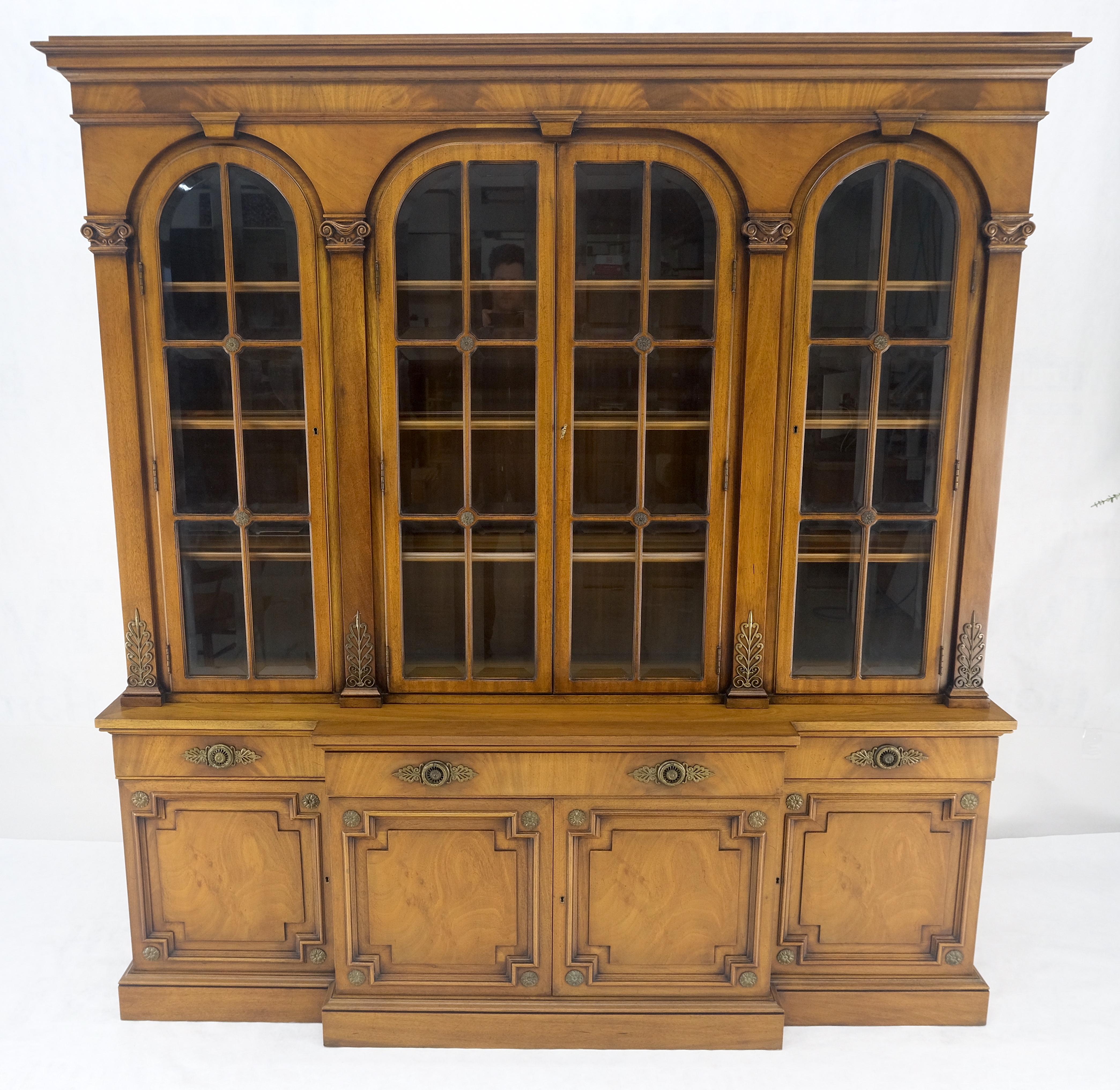 20th Century Karges Fine Fruitwood Mid Century Modern Beveled Glass Breakfront Cabinet MINT For Sale