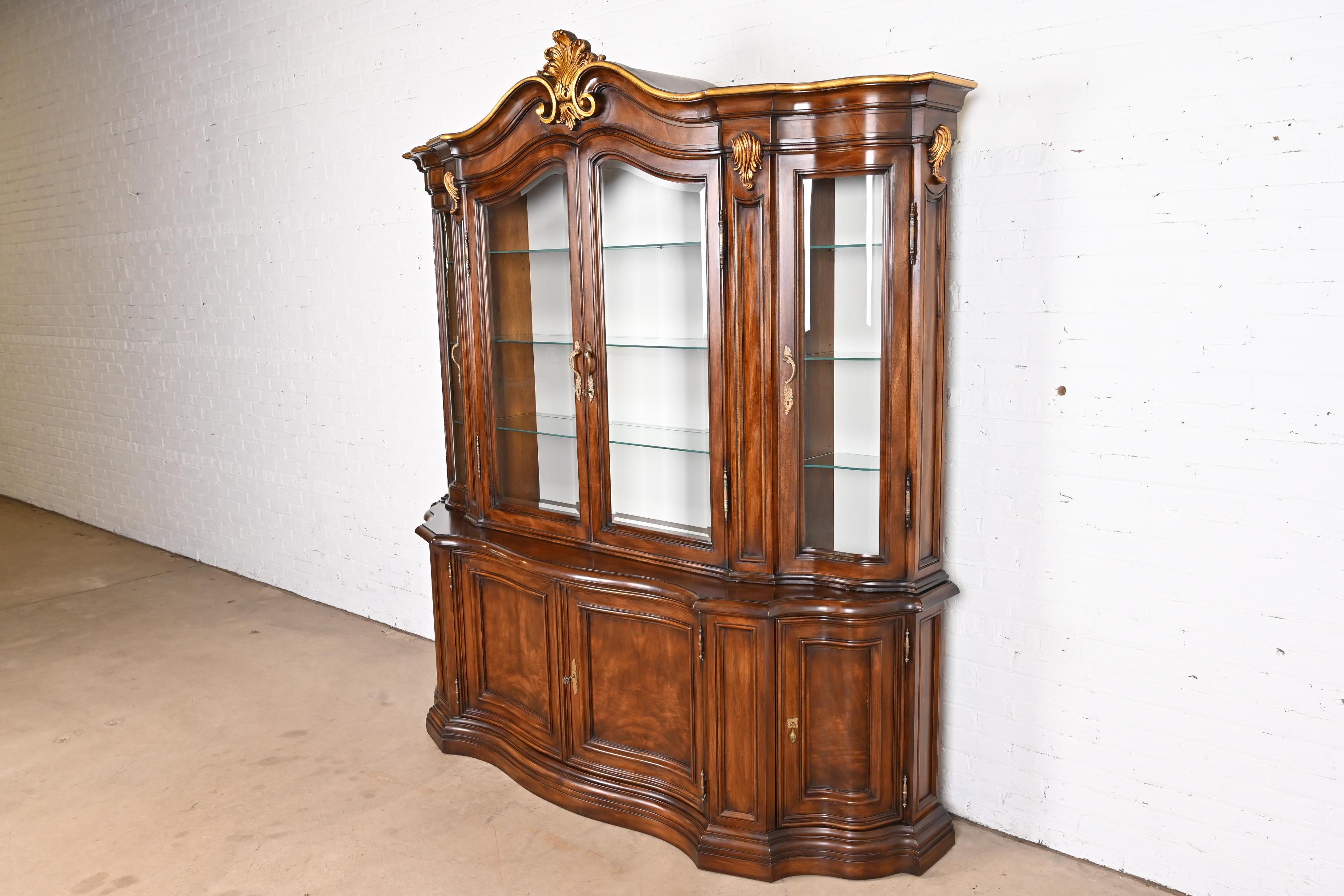 American Karges French Louis XV Burled Walnut Lighted Breakfront Bookcase Cabinet