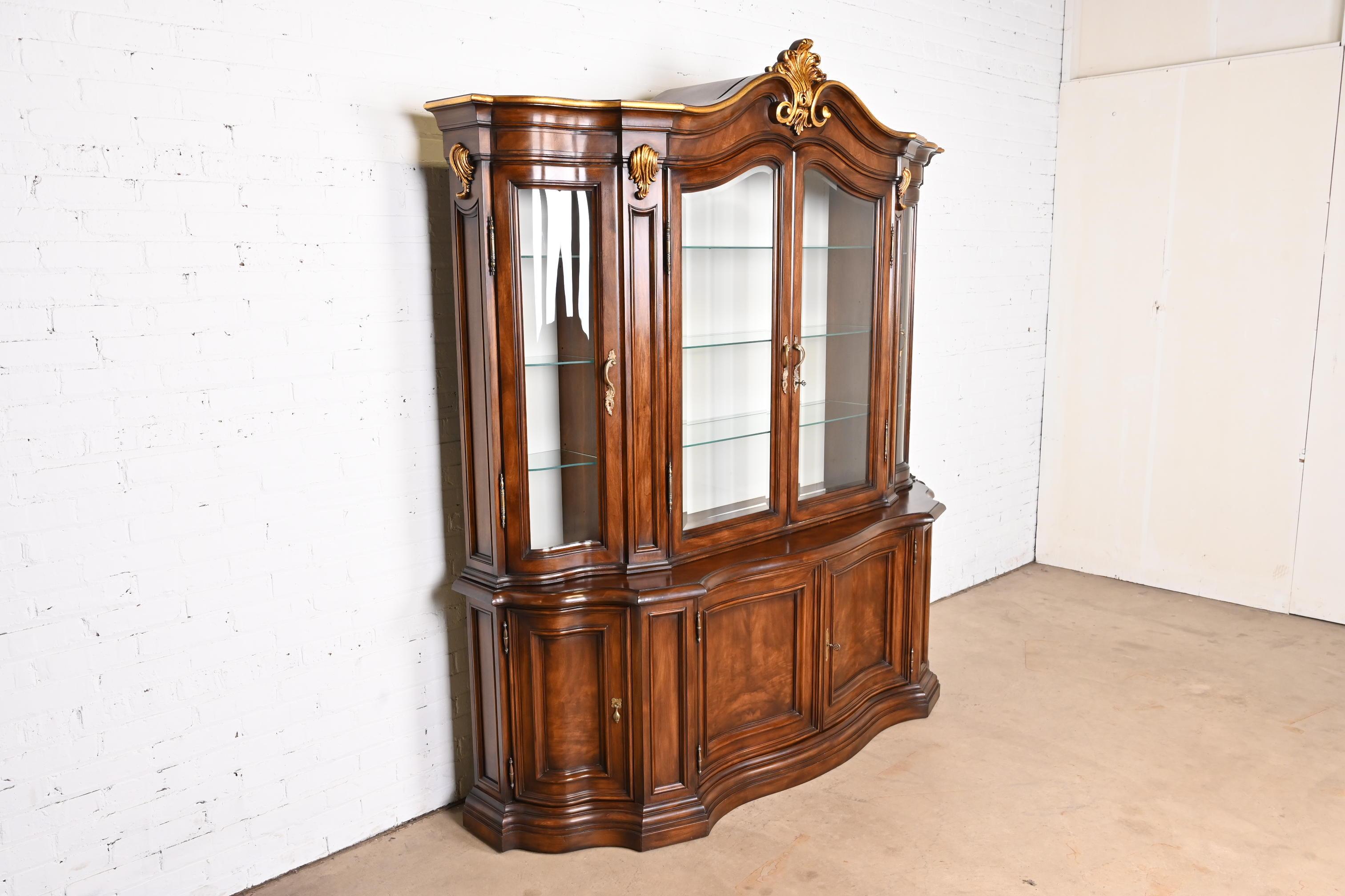 Late 20th Century Karges French Louis XV Burled Walnut Lighted Breakfront Bookcase Cabinet
