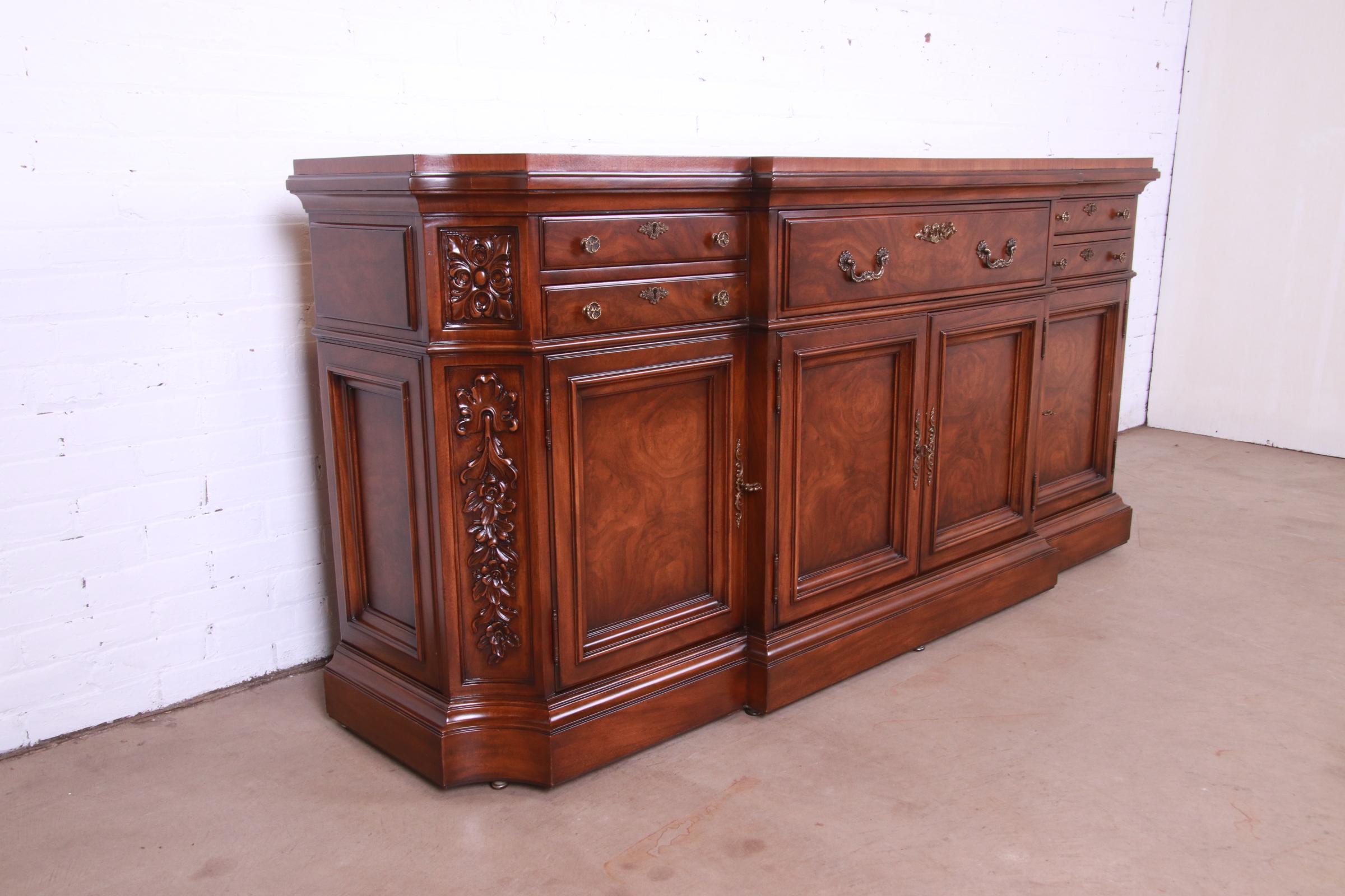 Brass Karges French Louis XV Burled Walnut Sideboard or Bar Cabinet, Newly Restored
