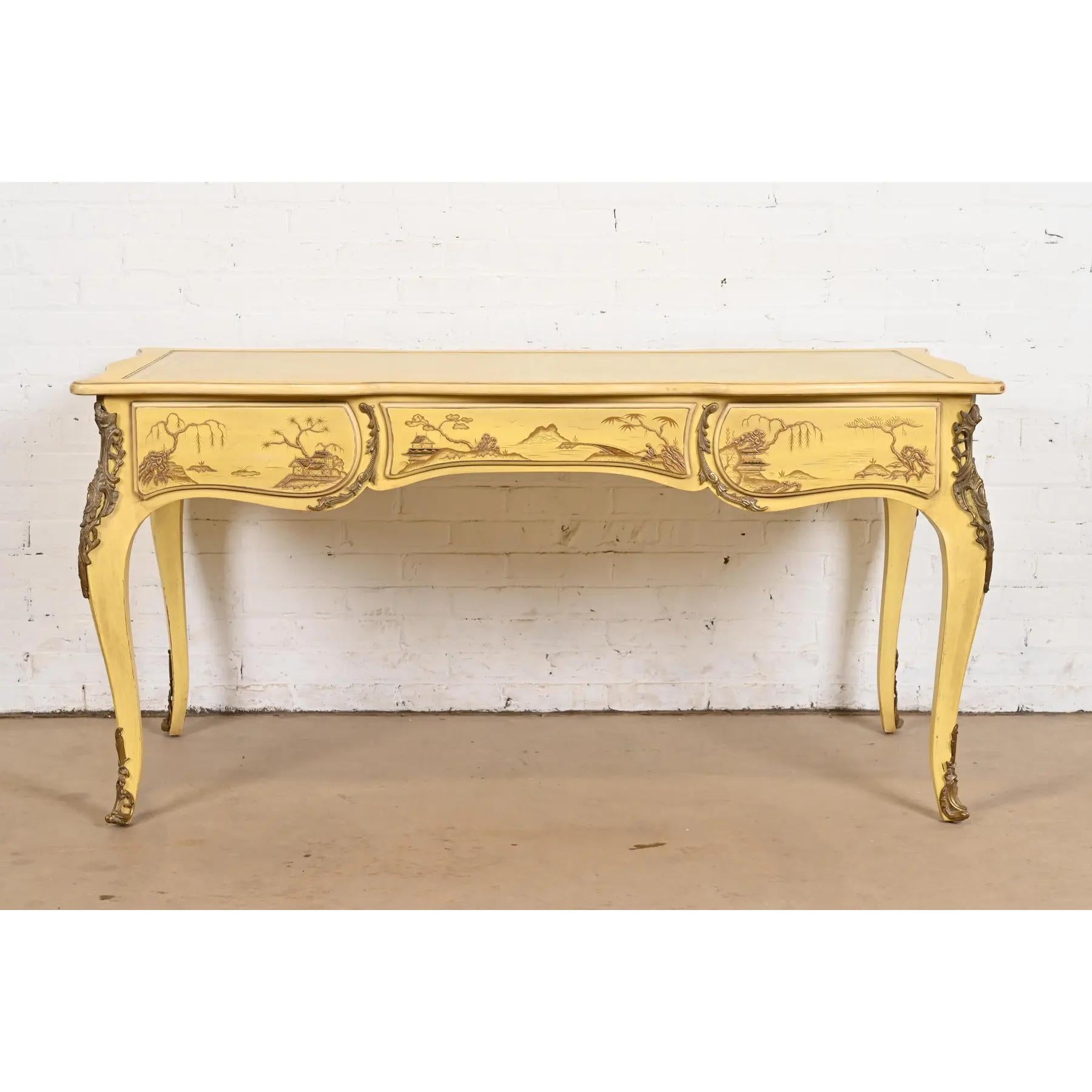 Karges Französisch Louis XV Chinoiserie Creme lackiert Lederplatte Bureau Plat Schreibtisch im Angebot 5