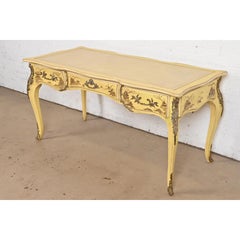 Karges French Louis XV Chinoiserie Cream Lacquered Leather Top Bureau Plat Desk