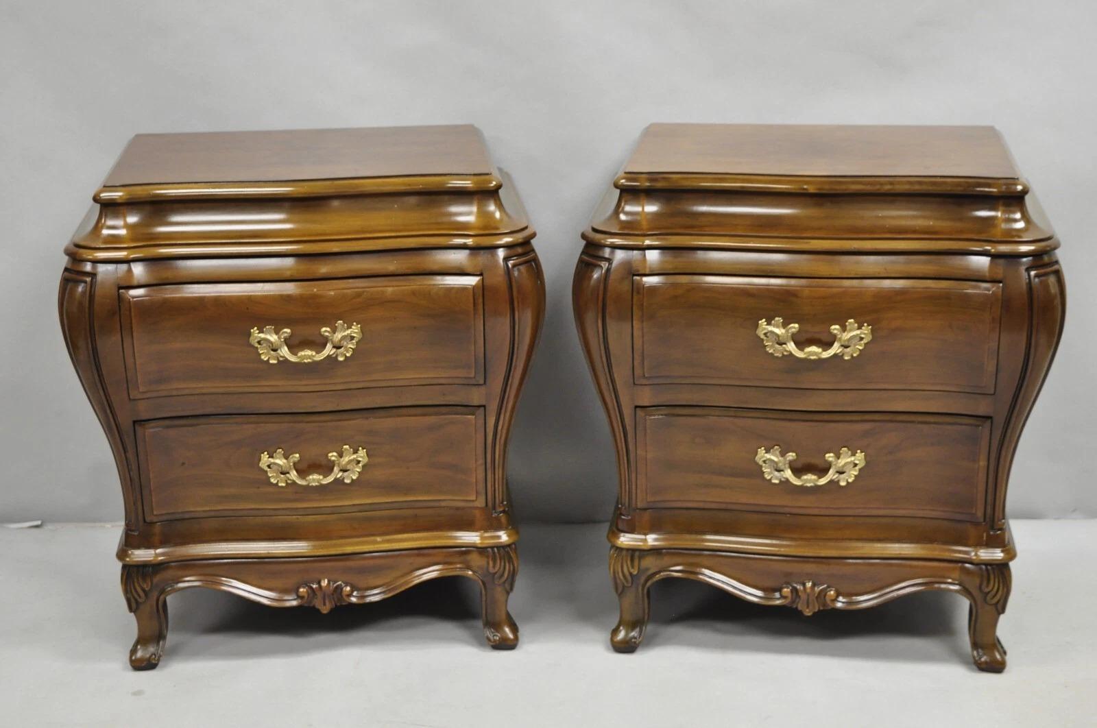Vintage Karges French Louis XV Provincial Style Cherry Wood Bombe 2 Drawer Nightstand Chests - a Pair. Circa Late 20th Century. Measurements: 26
