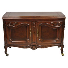 Karges French Louis XV Style Carved Mahogany Wood Dry Bar Rolling Buffet Cabinet
