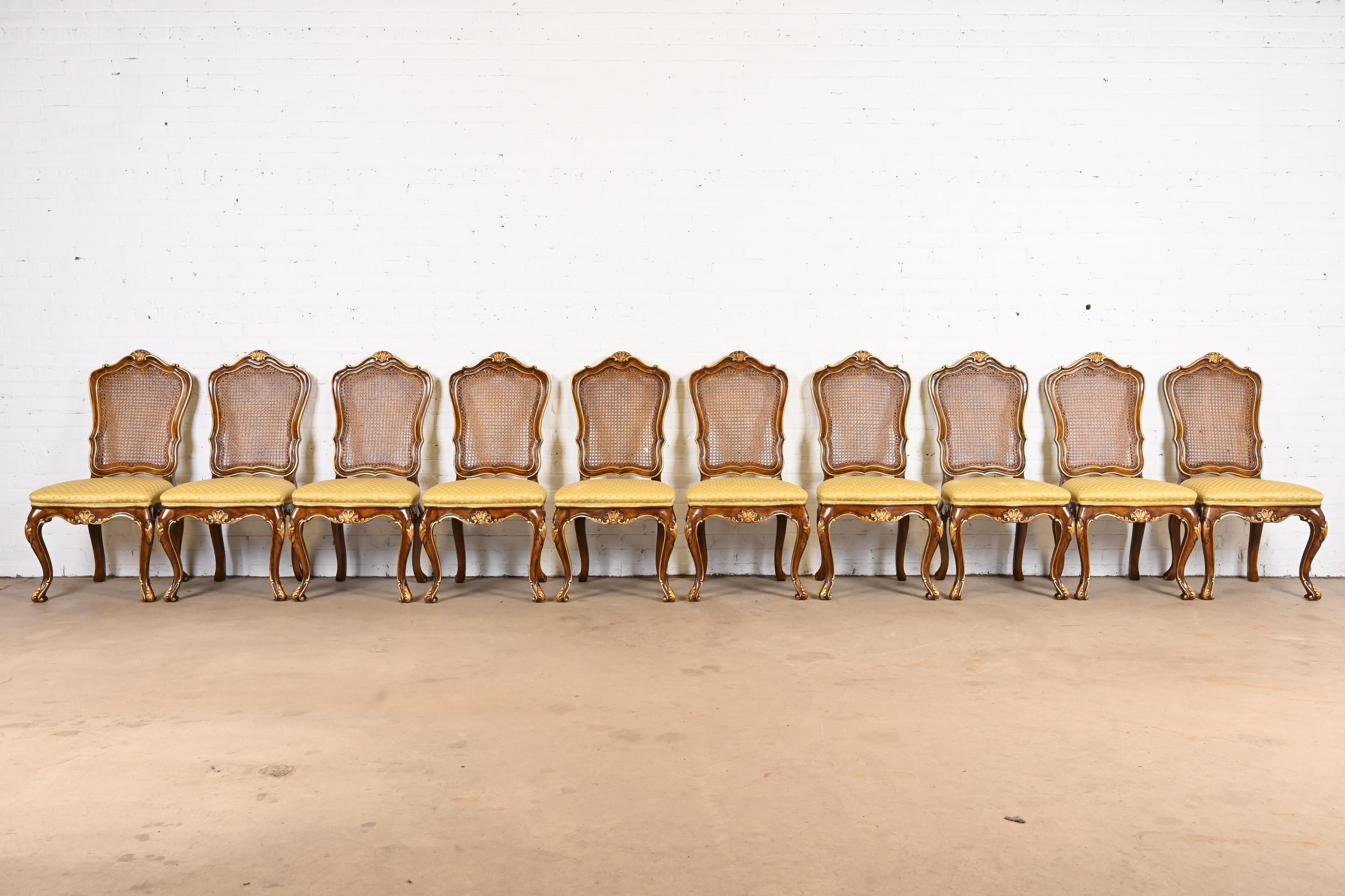 American Karges French Louis XV Walnut and Gold Gilt Cane Back Dining Chairs, Set of Ten