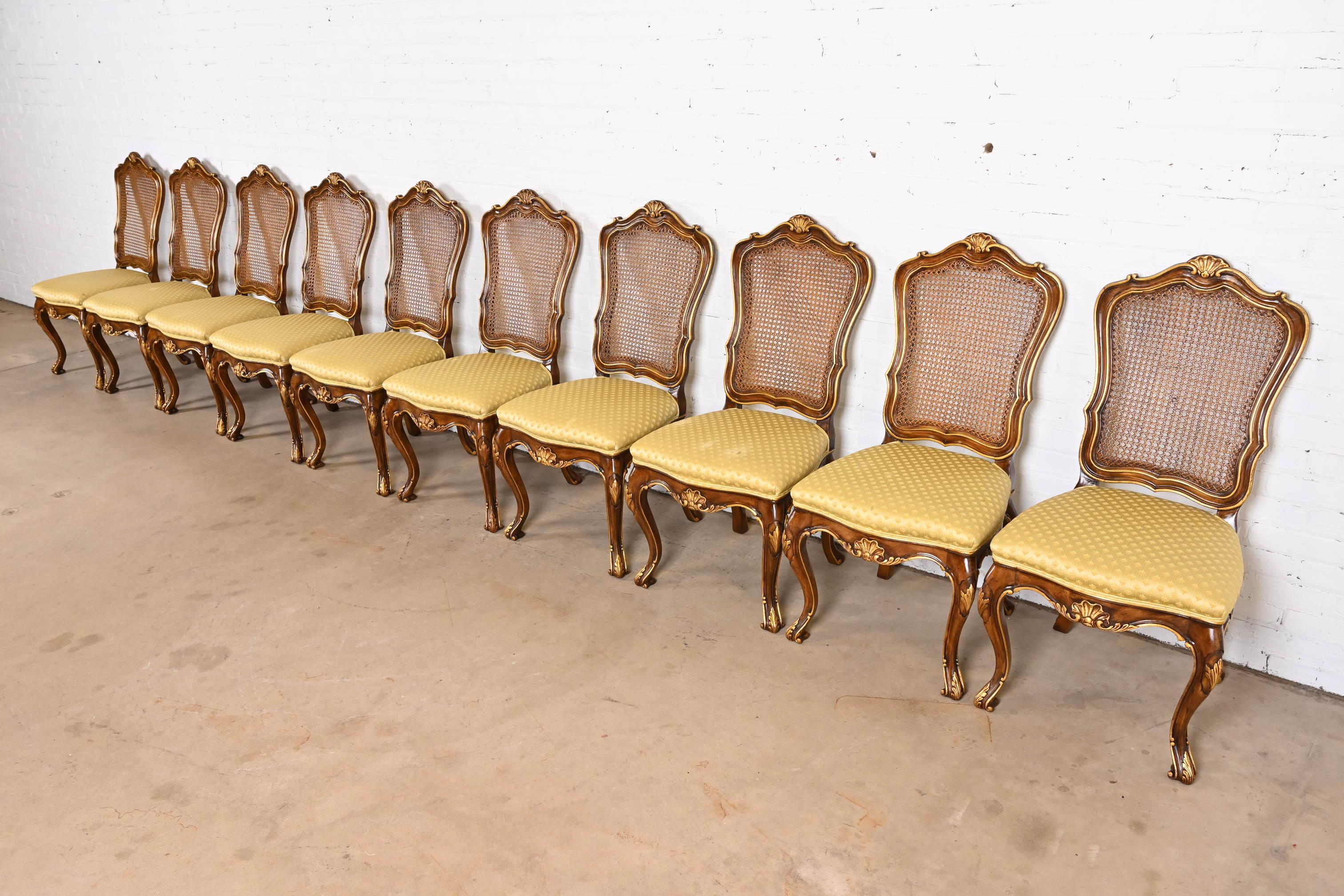 Karges French Louis XV Walnut and Gold Gilt Cane Back Dining Chairs, Set of Ten In Good Condition In South Bend, IN
