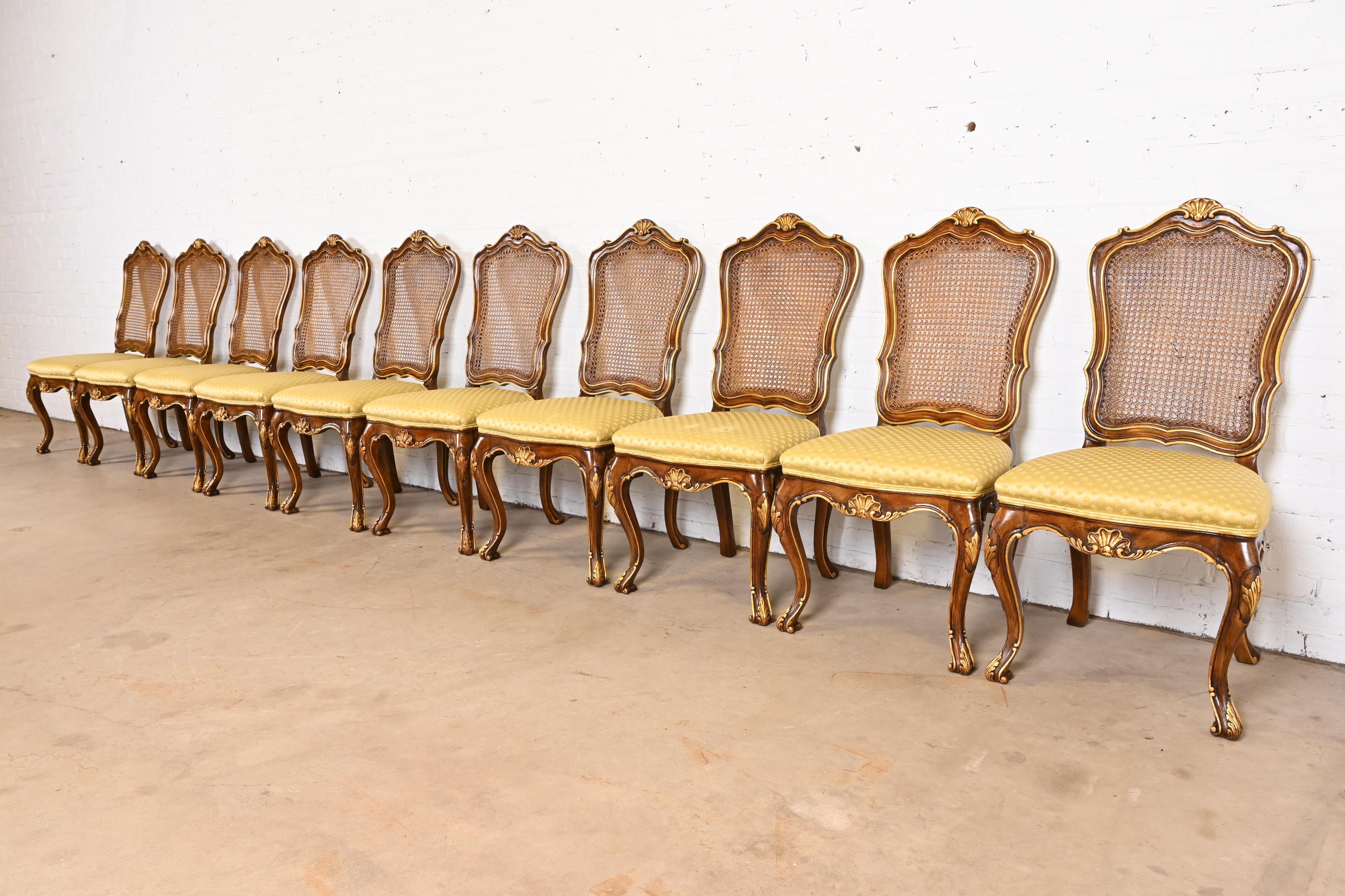 Late 20th Century Karges French Louis XV Walnut and Gold Gilt Cane Back Dining Chairs, Set of Ten